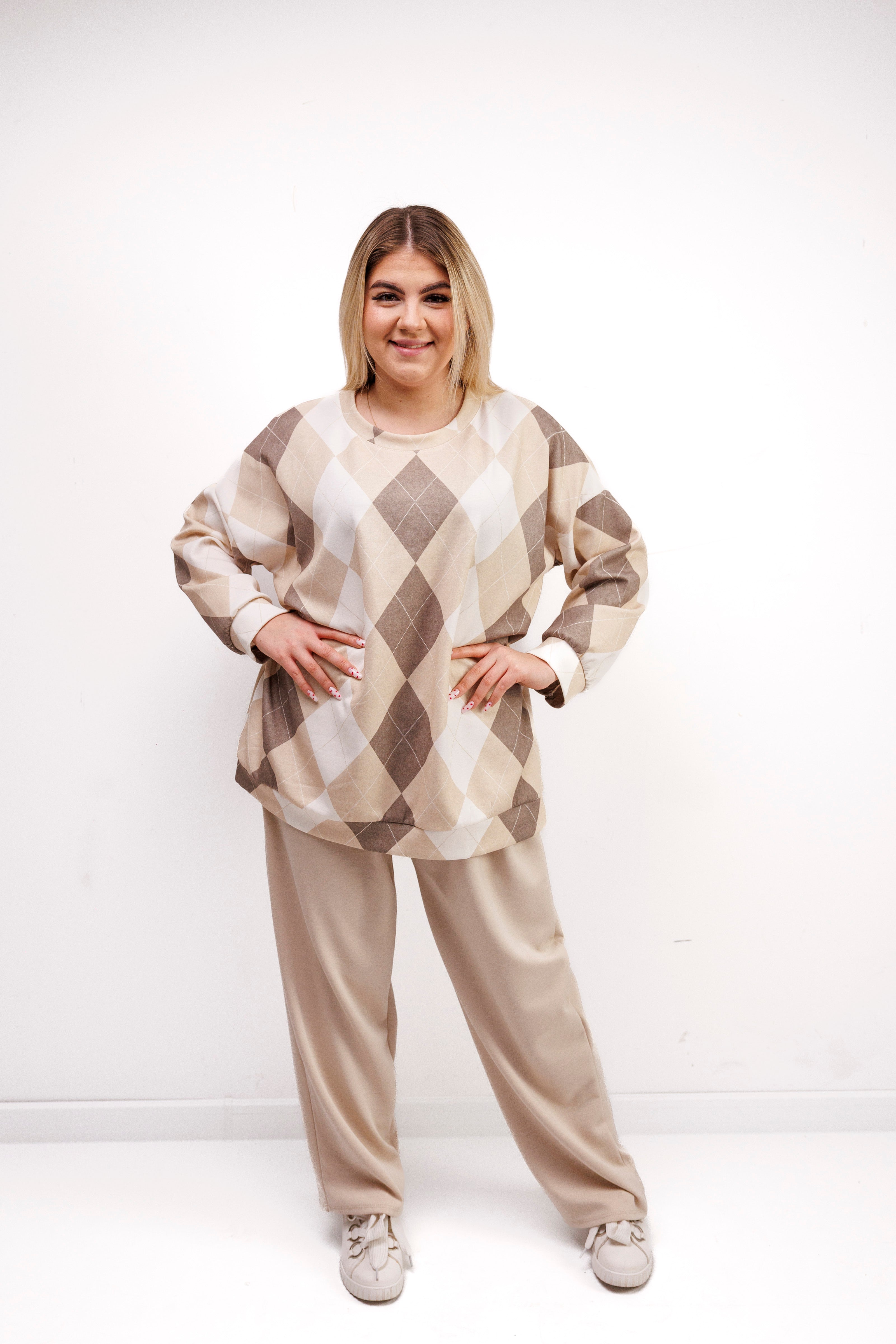 Komplet dresowy z miękkiej wiskozy w romby Beż