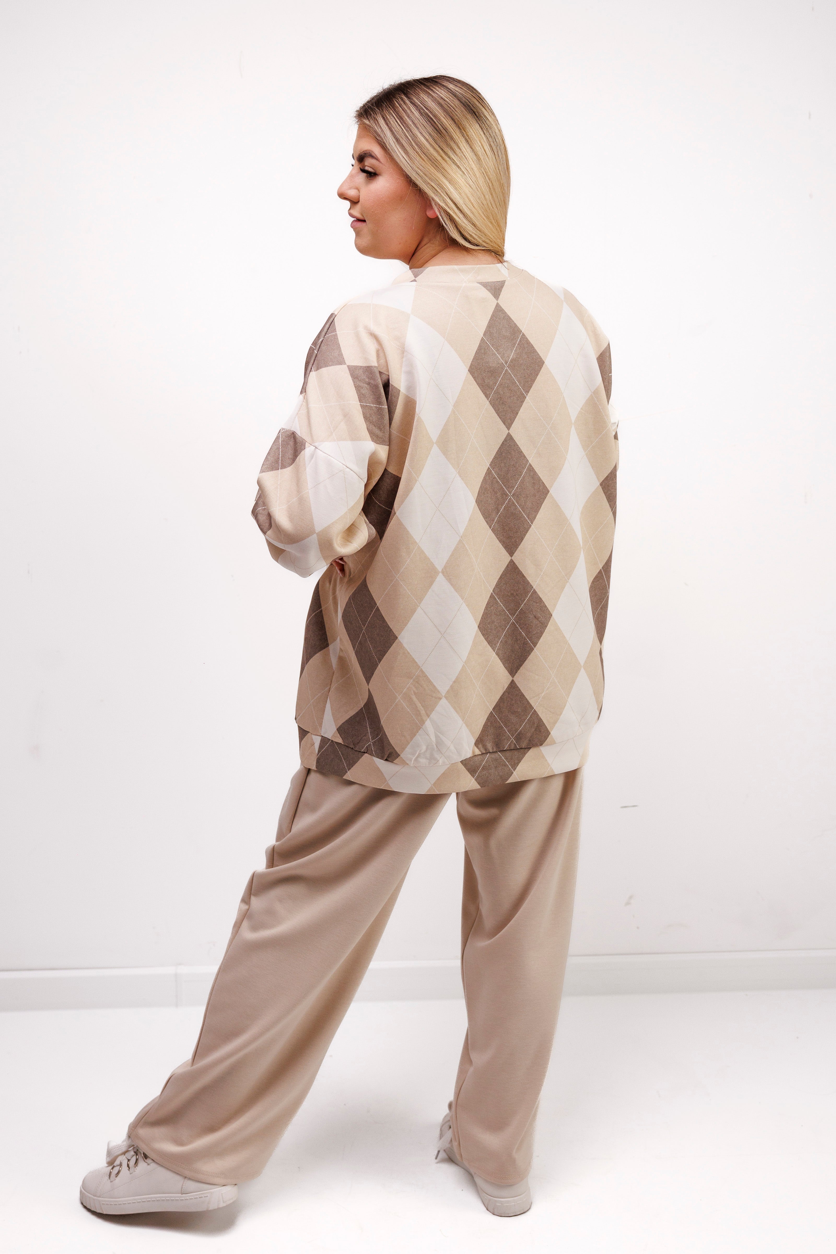 Komplet dresowy z miękkiej wiskozy w romby Beż