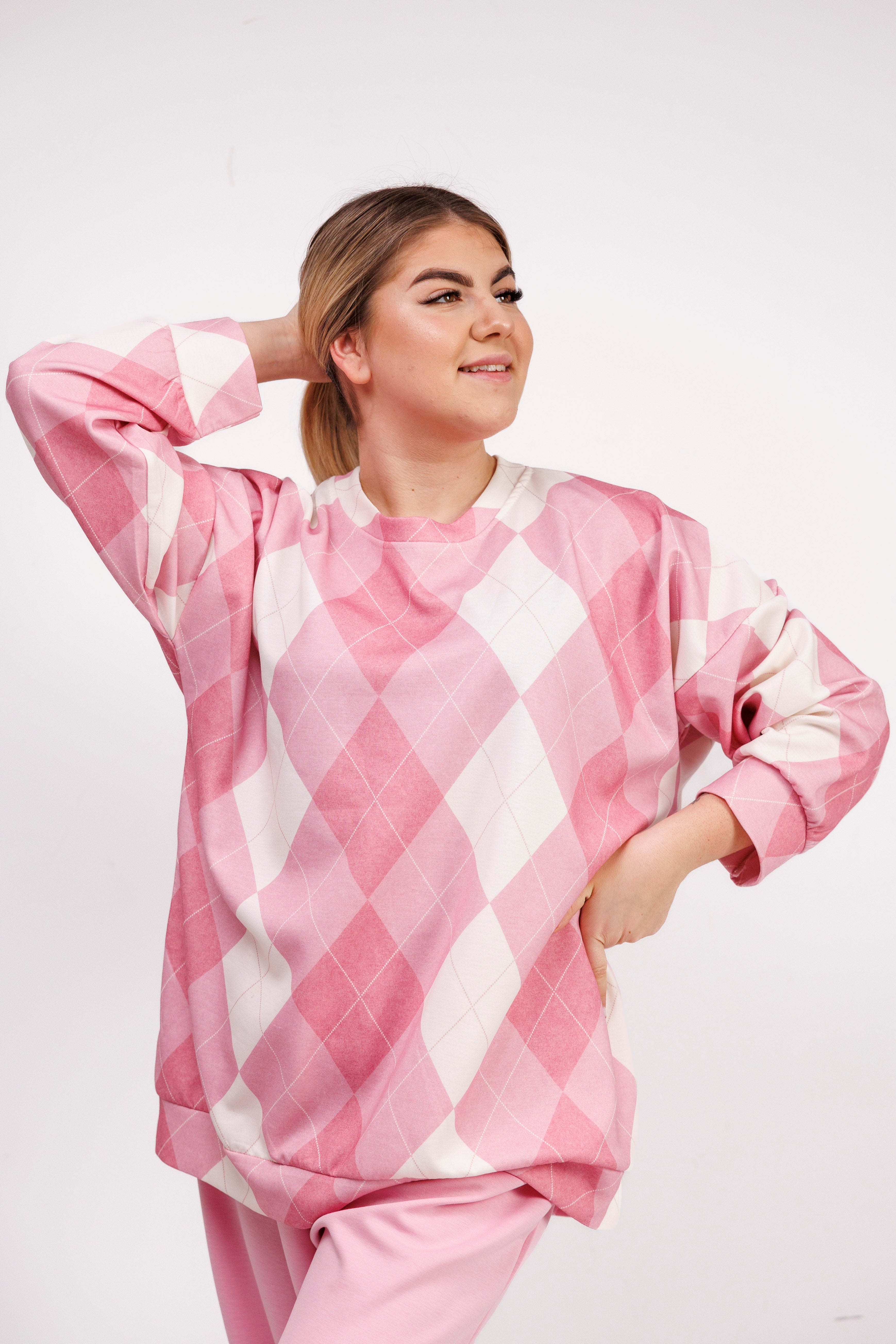 Komplet dresowy z miękkiej wiskozy w romby Różowy