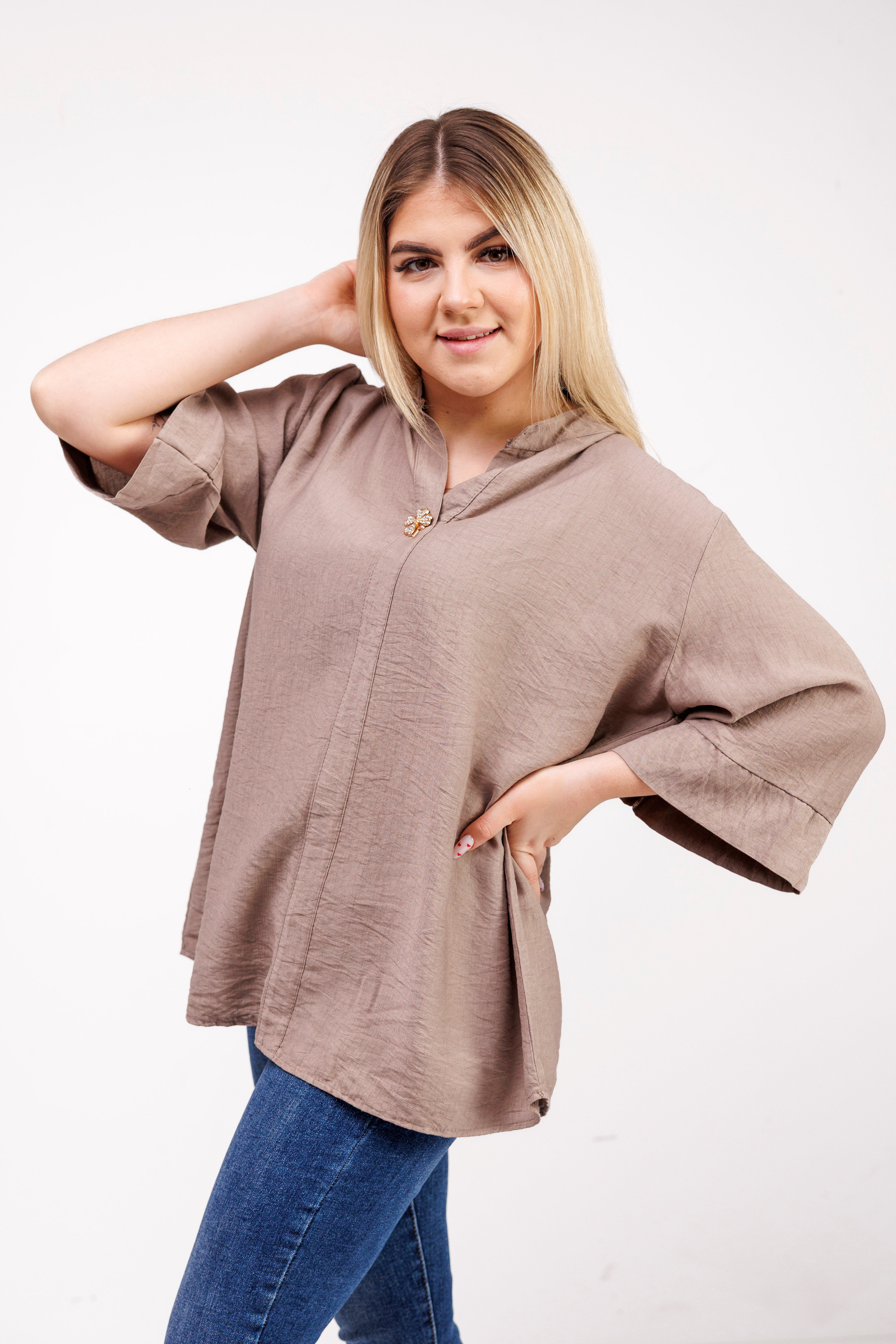 Wiskozowa bluzka z luźnym rękawem i dekoltem V Fango