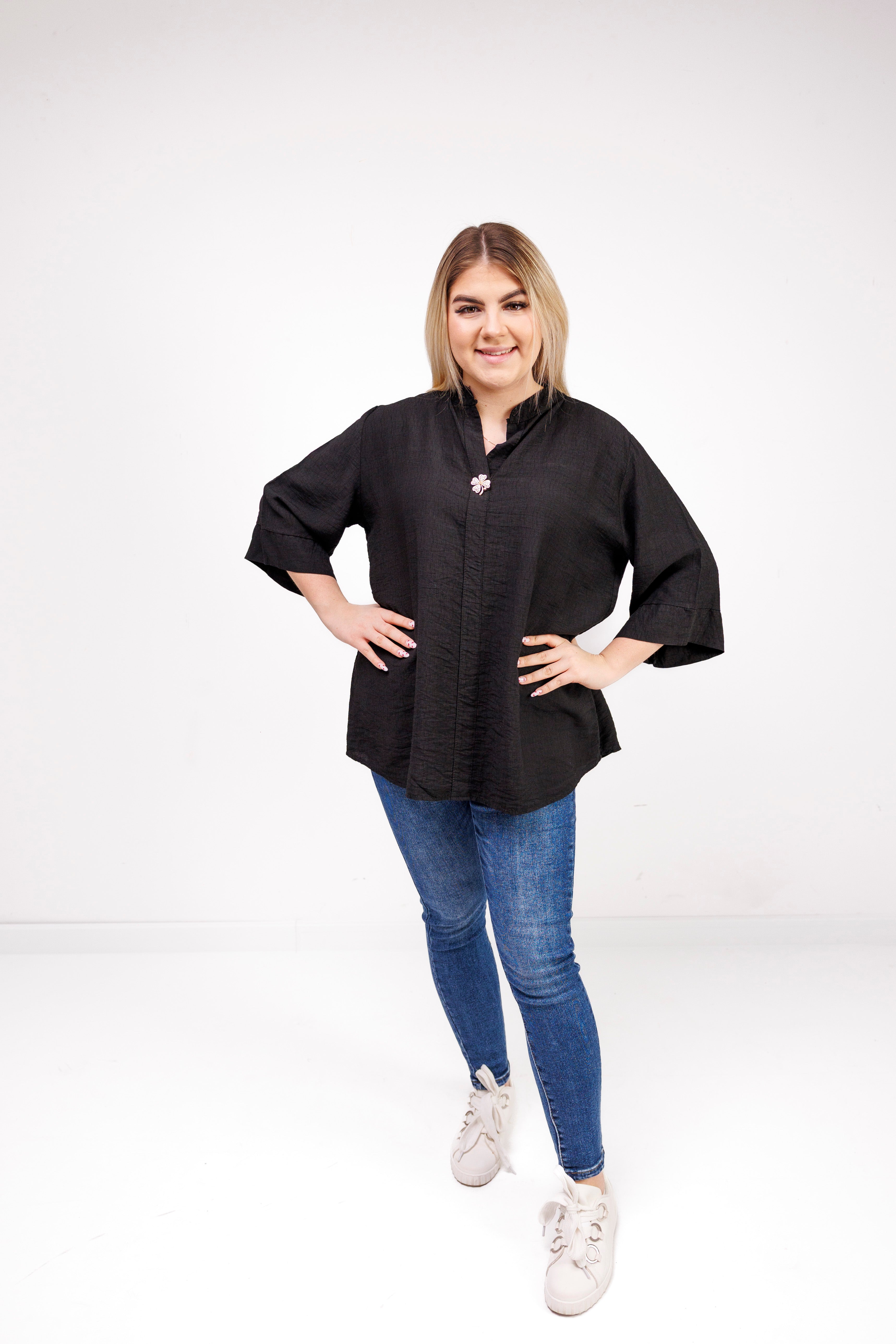 Wiskozowa bluzka z luźnym rękawem i dekoltem V Czarny