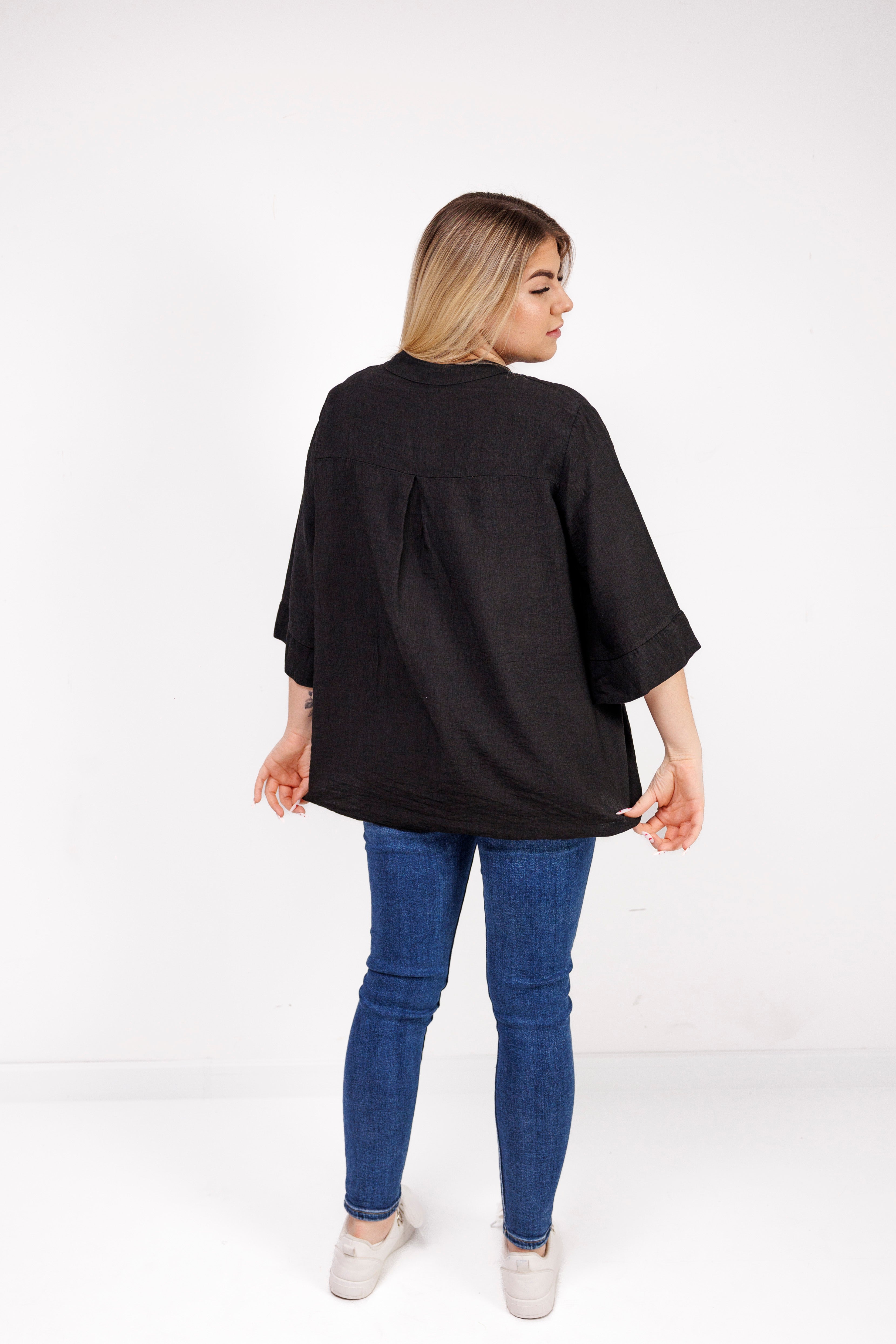 Wiskozowa bluzka z luźnym rękawem i dekoltem V Czarny