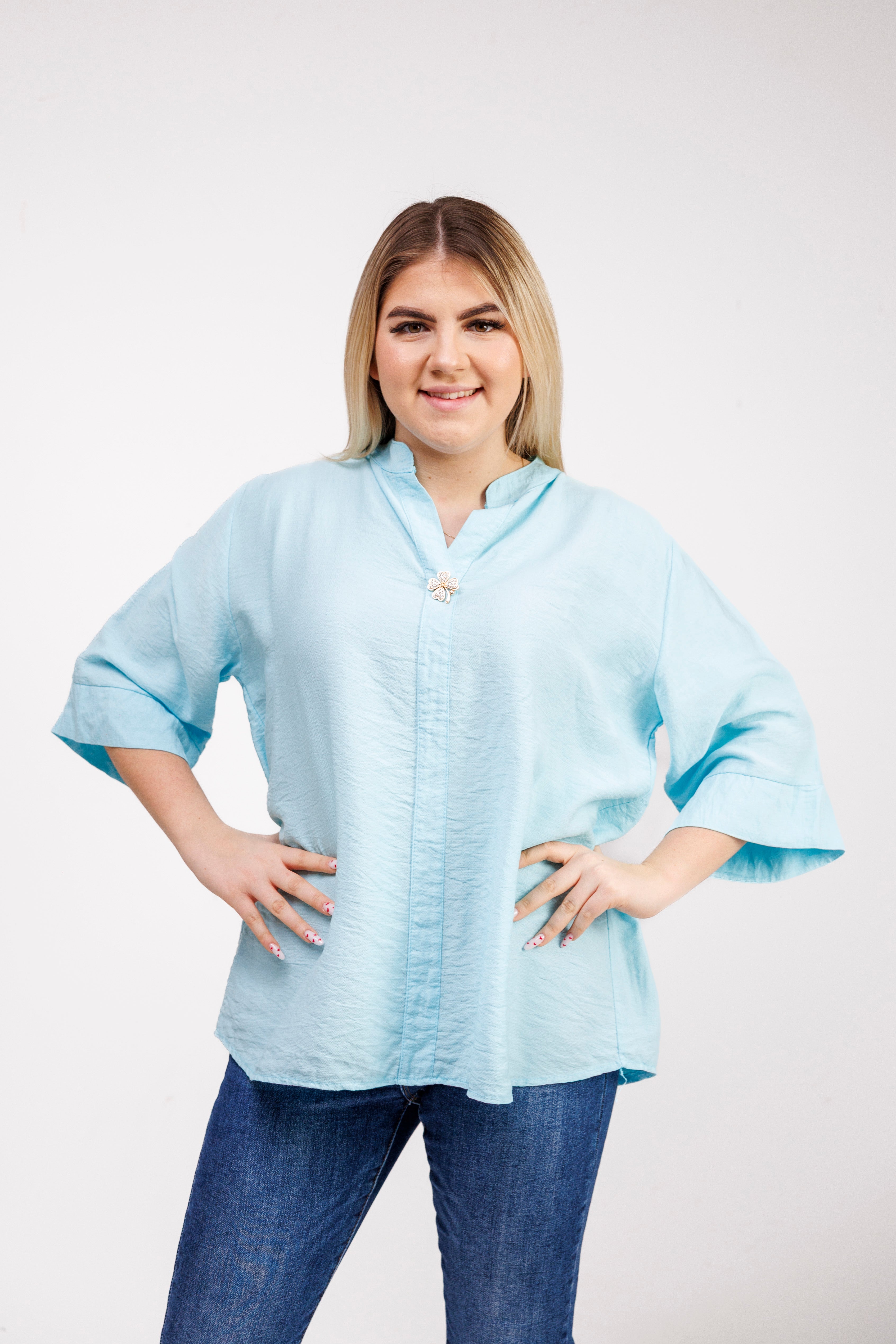 Wiskozowa bluzka z luźnym rękawem i dekoltem V Mięta