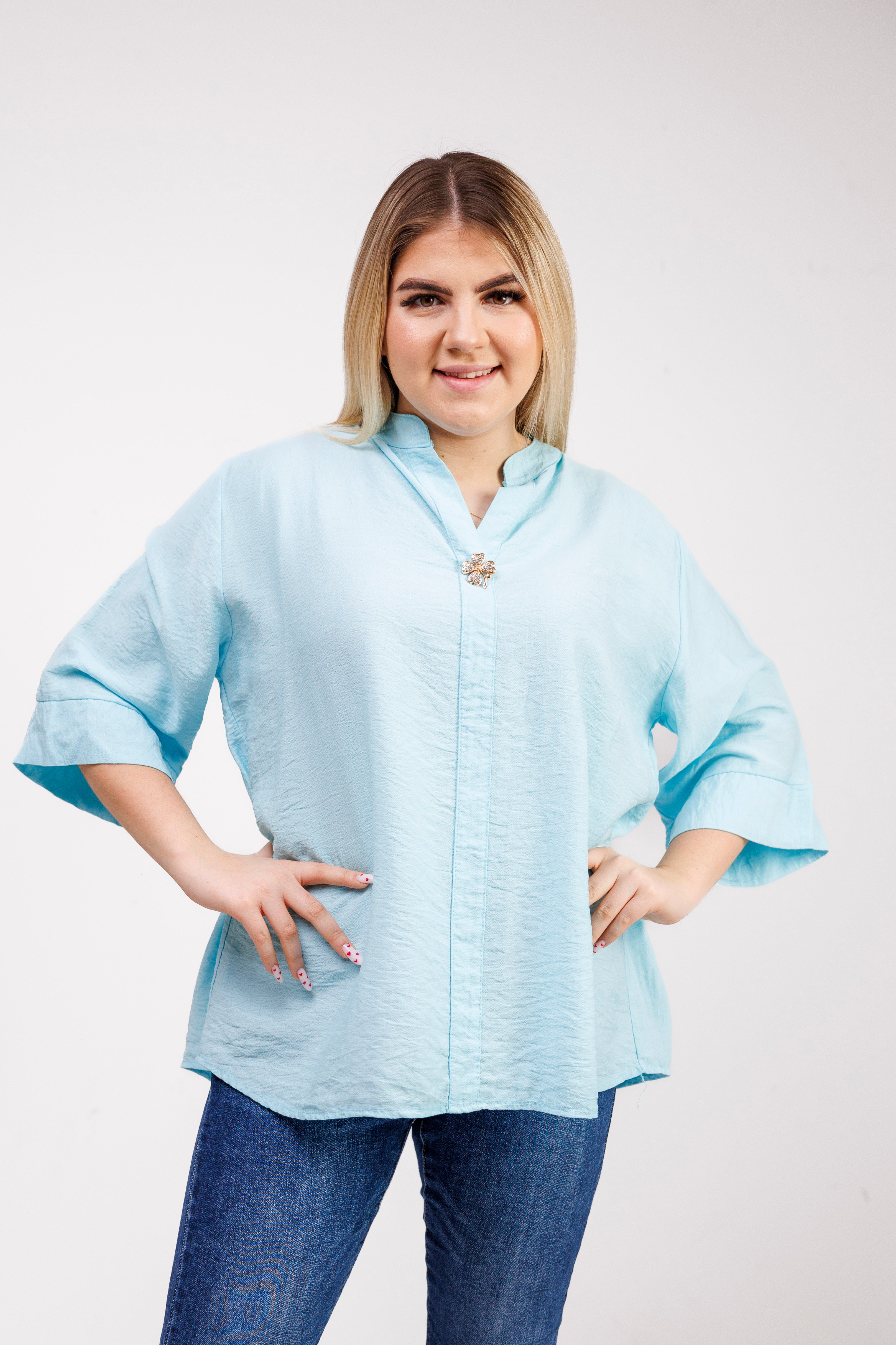 Wiskozowa bluzka z luźnym rękawem i dekoltem V Mięta