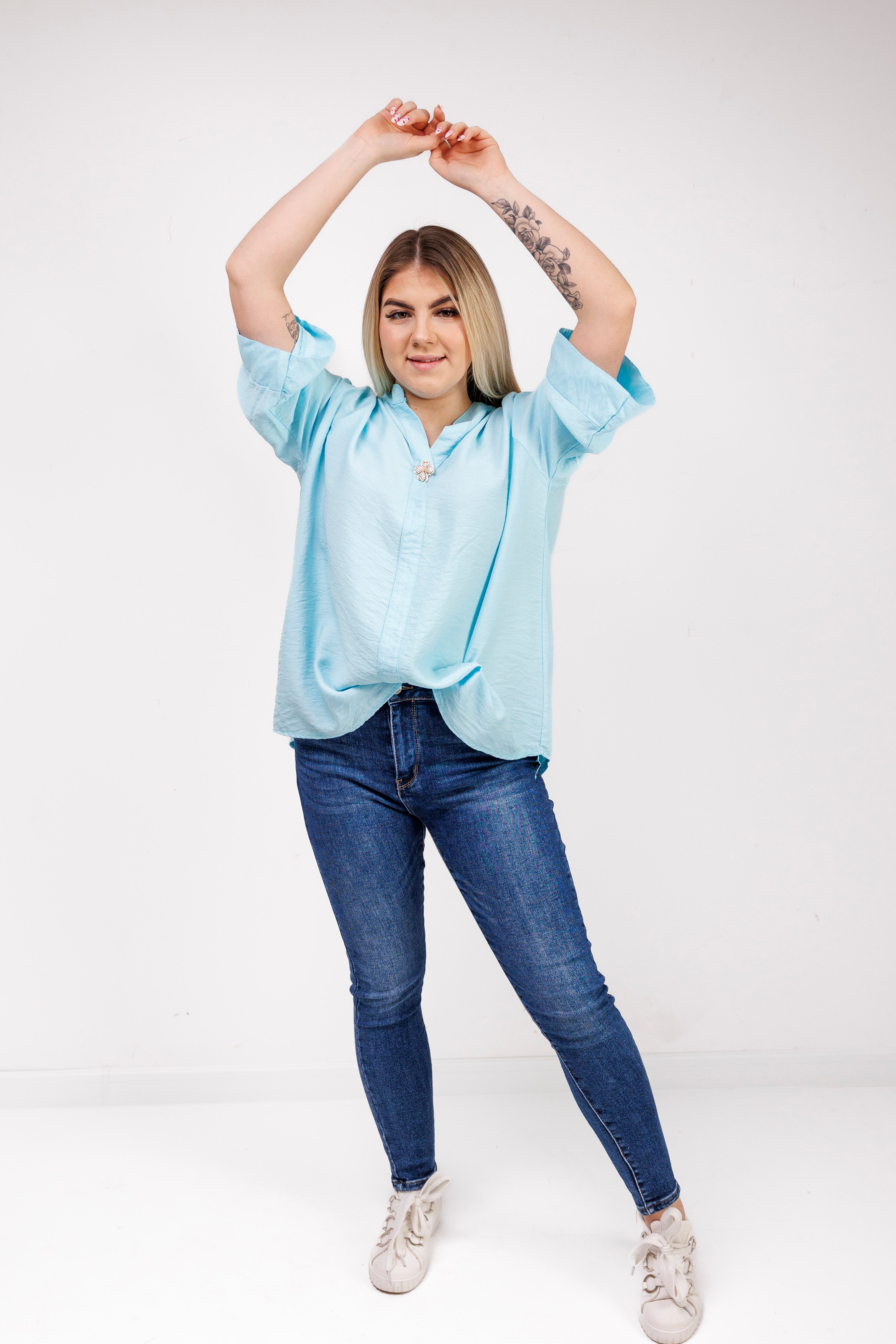 Wiskozowa bluzka z luźnym rękawem i dekoltem V Mięta