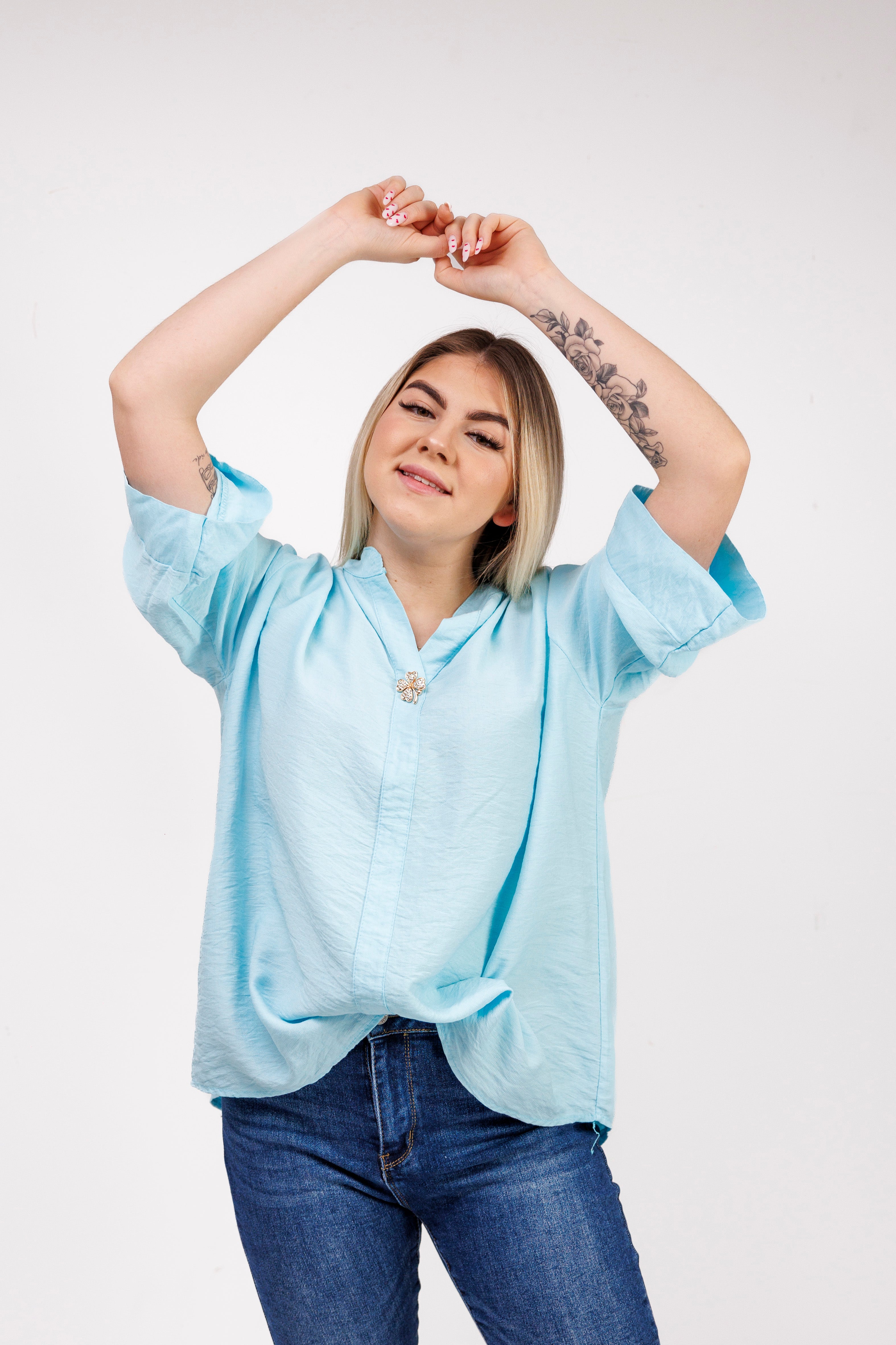 Wiskozowa bluzka z luźnym rękawem i dekoltem V Mięta