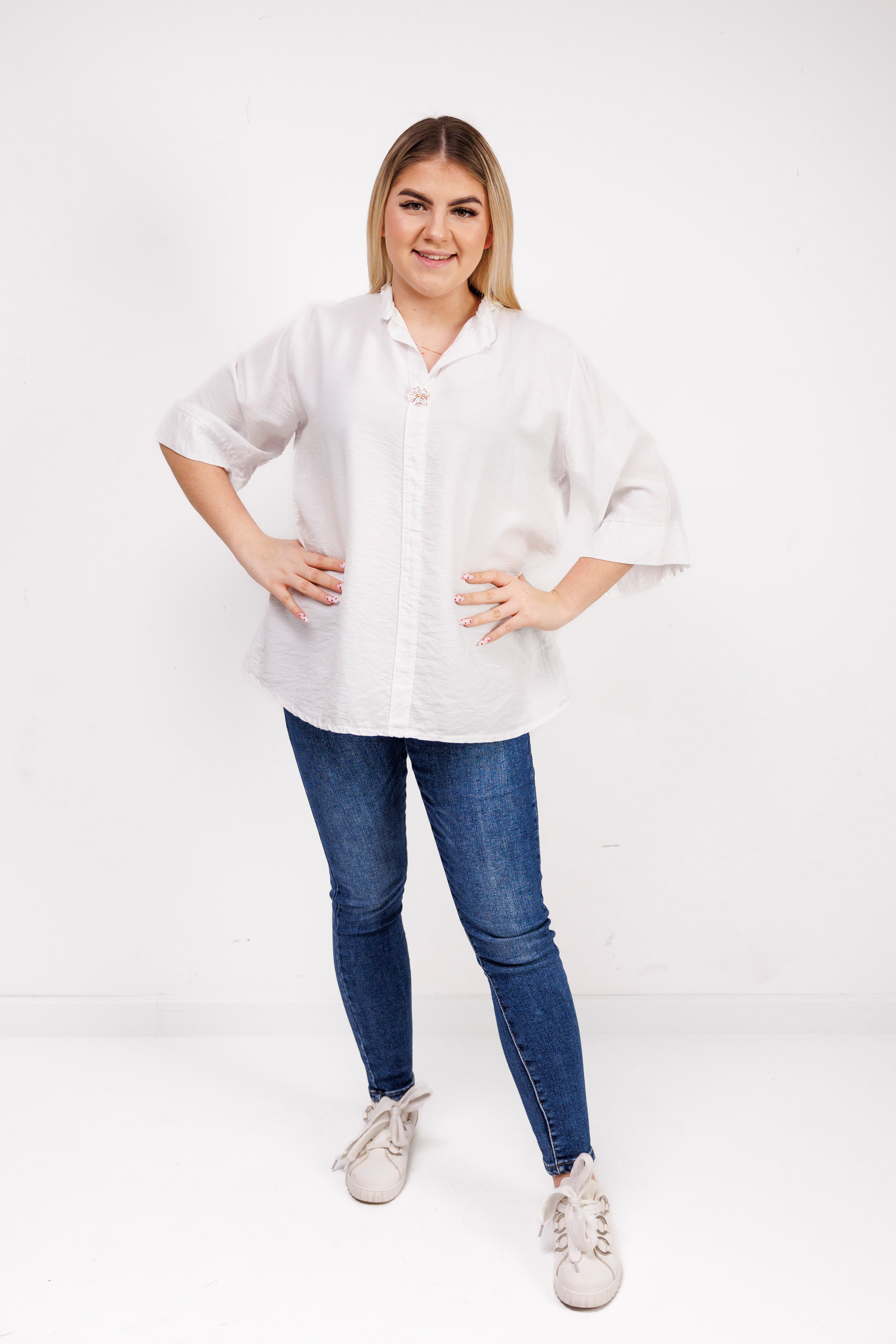 Wiskozowa bluzka z luźnym rękawem i dekoltem V Biały