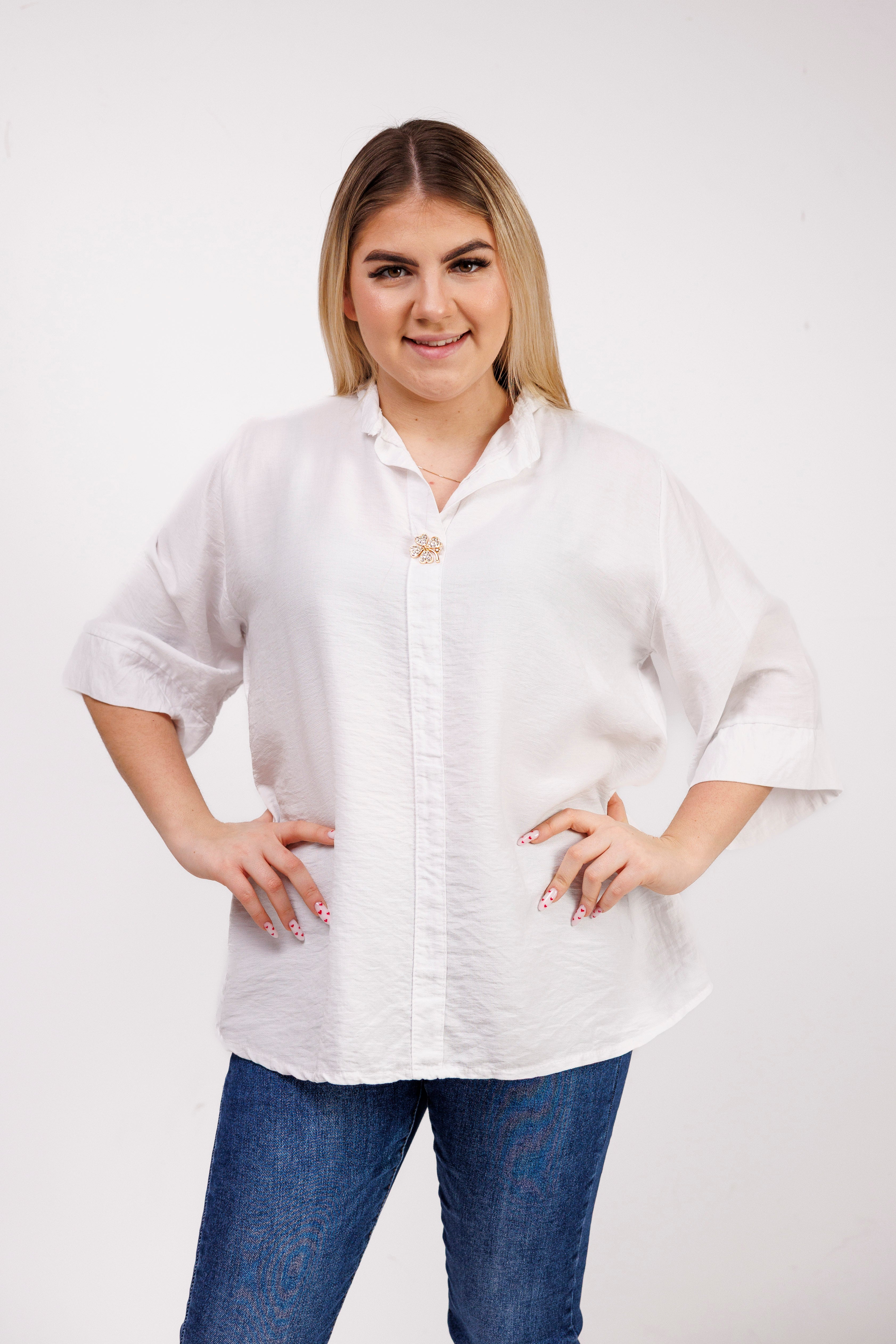 Wiskozowa bluzka z luźnym rękawem i dekoltem V Biały