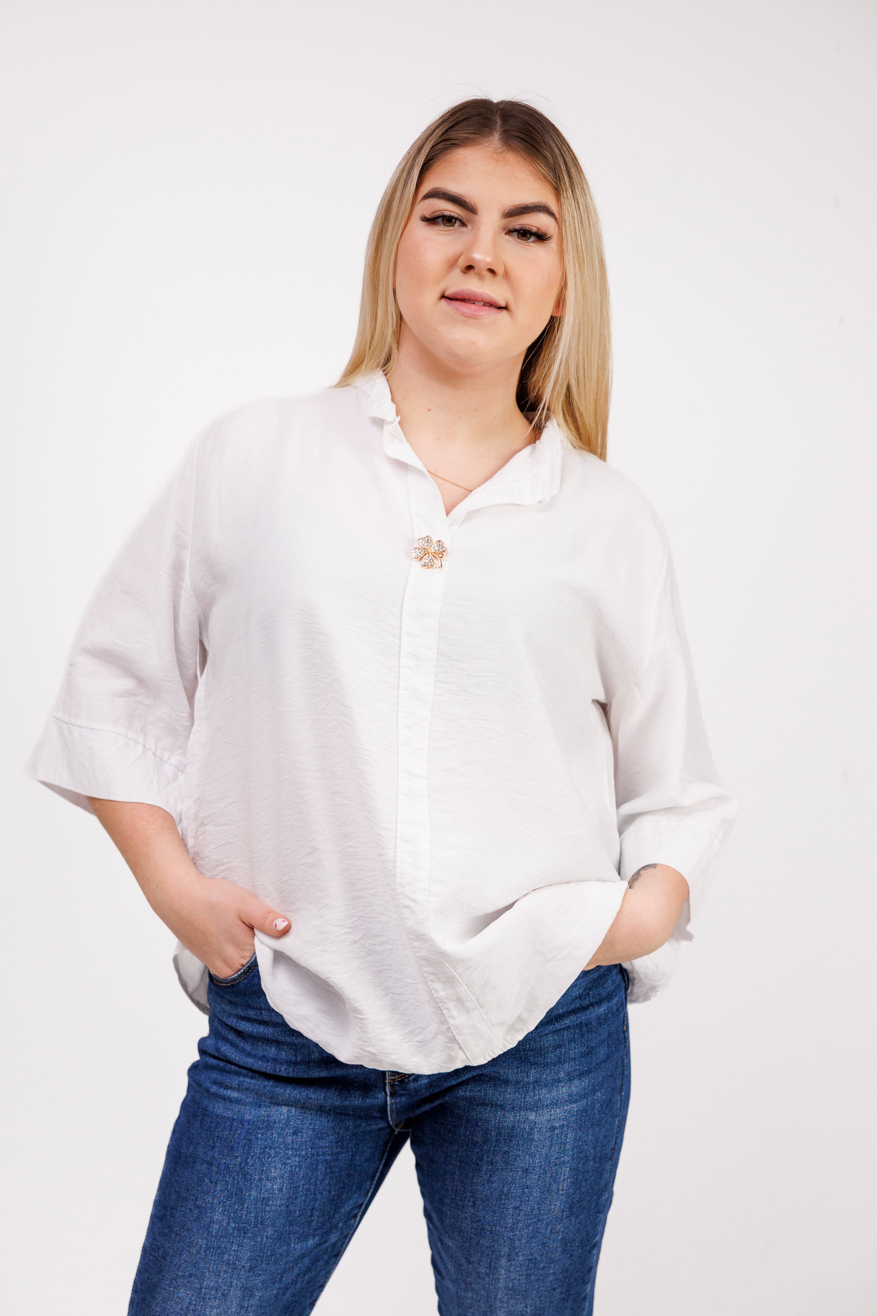 Wiskozowa bluzka z luźnym rękawem i dekoltem V Biały