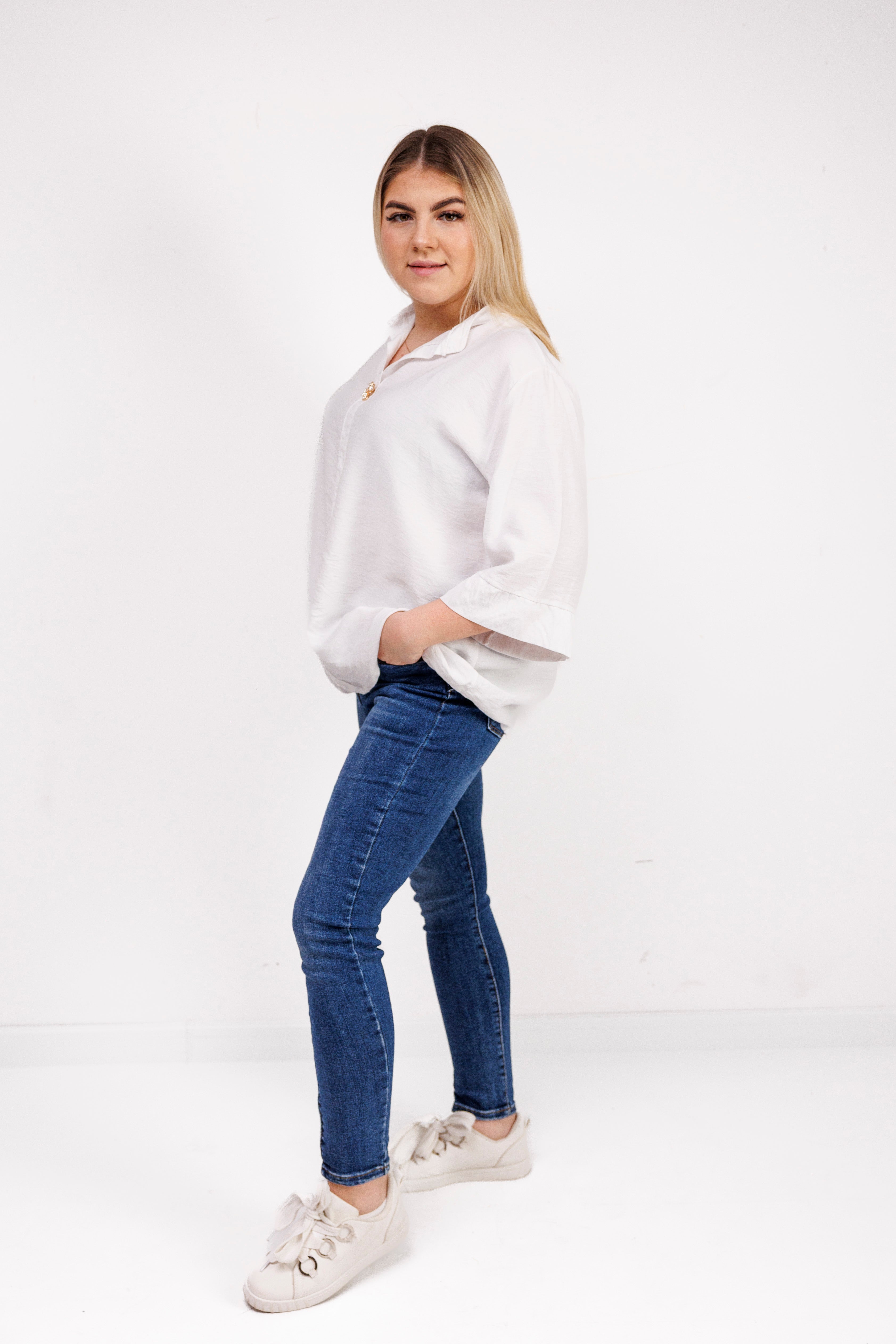 Wiskozowa bluzka z luźnym rękawem i dekoltem V Biały