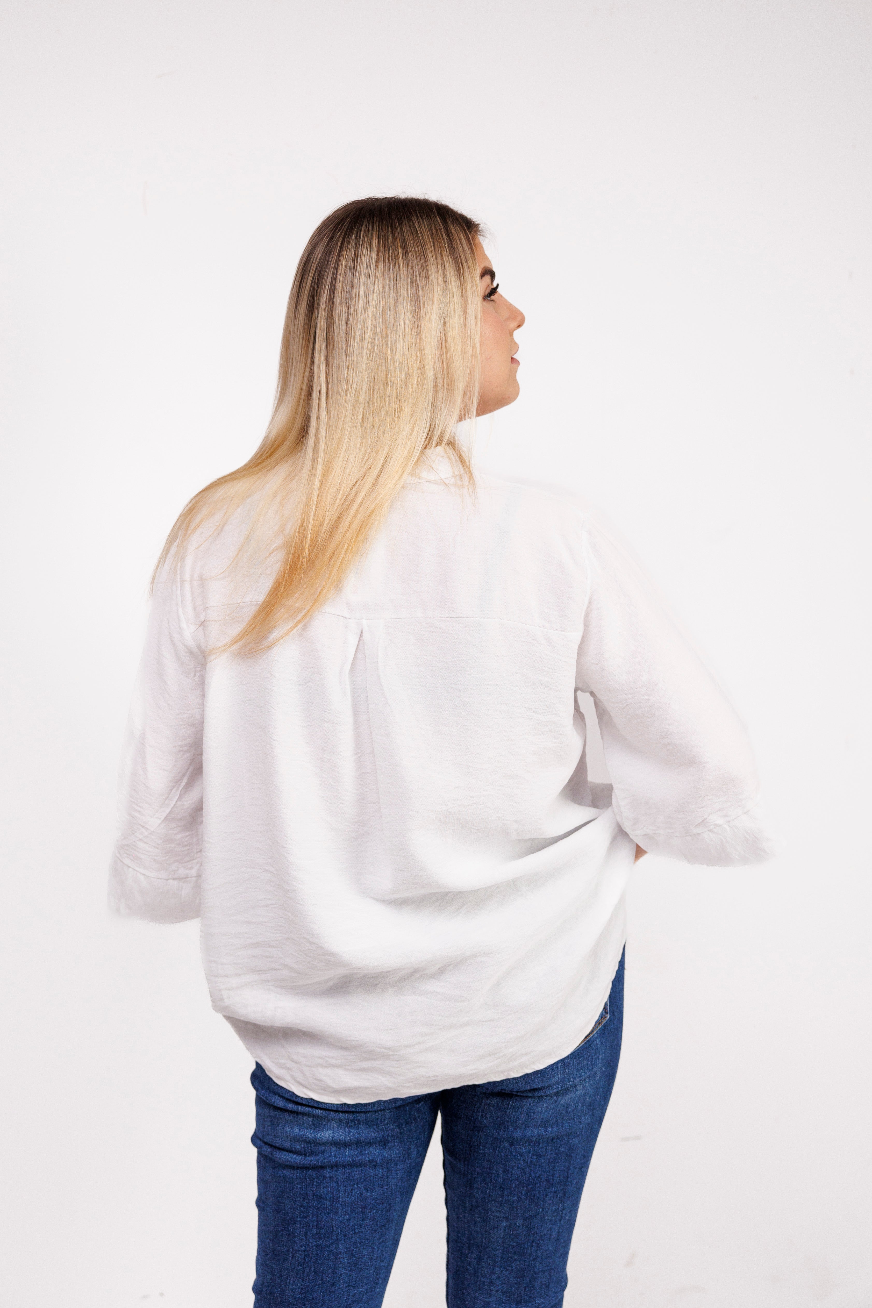 Wiskozowa bluzka z luźnym rękawem i dekoltem V Biały