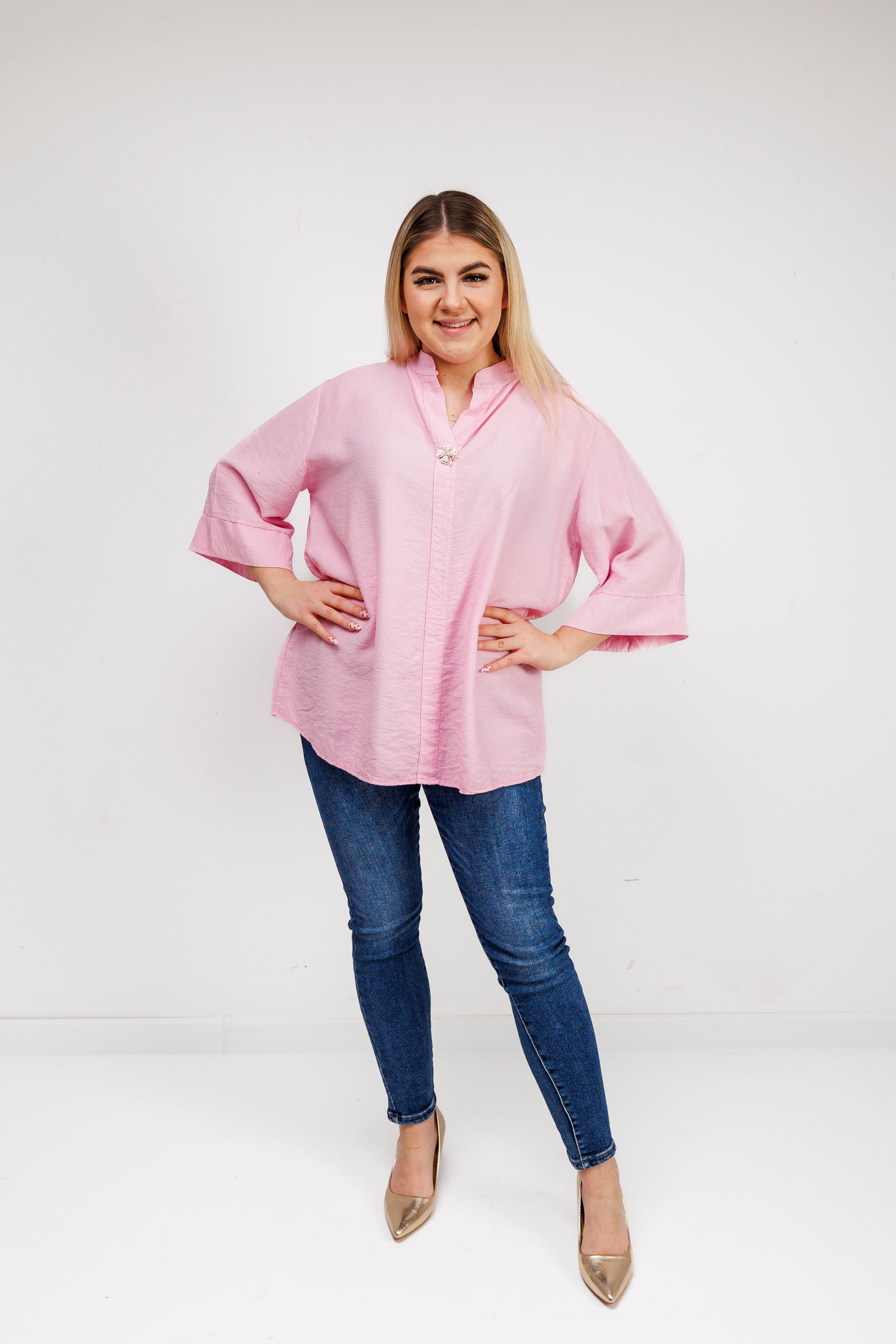 Wiskozowa bluzka z luźnym rękawem i dekoltem V Różowy