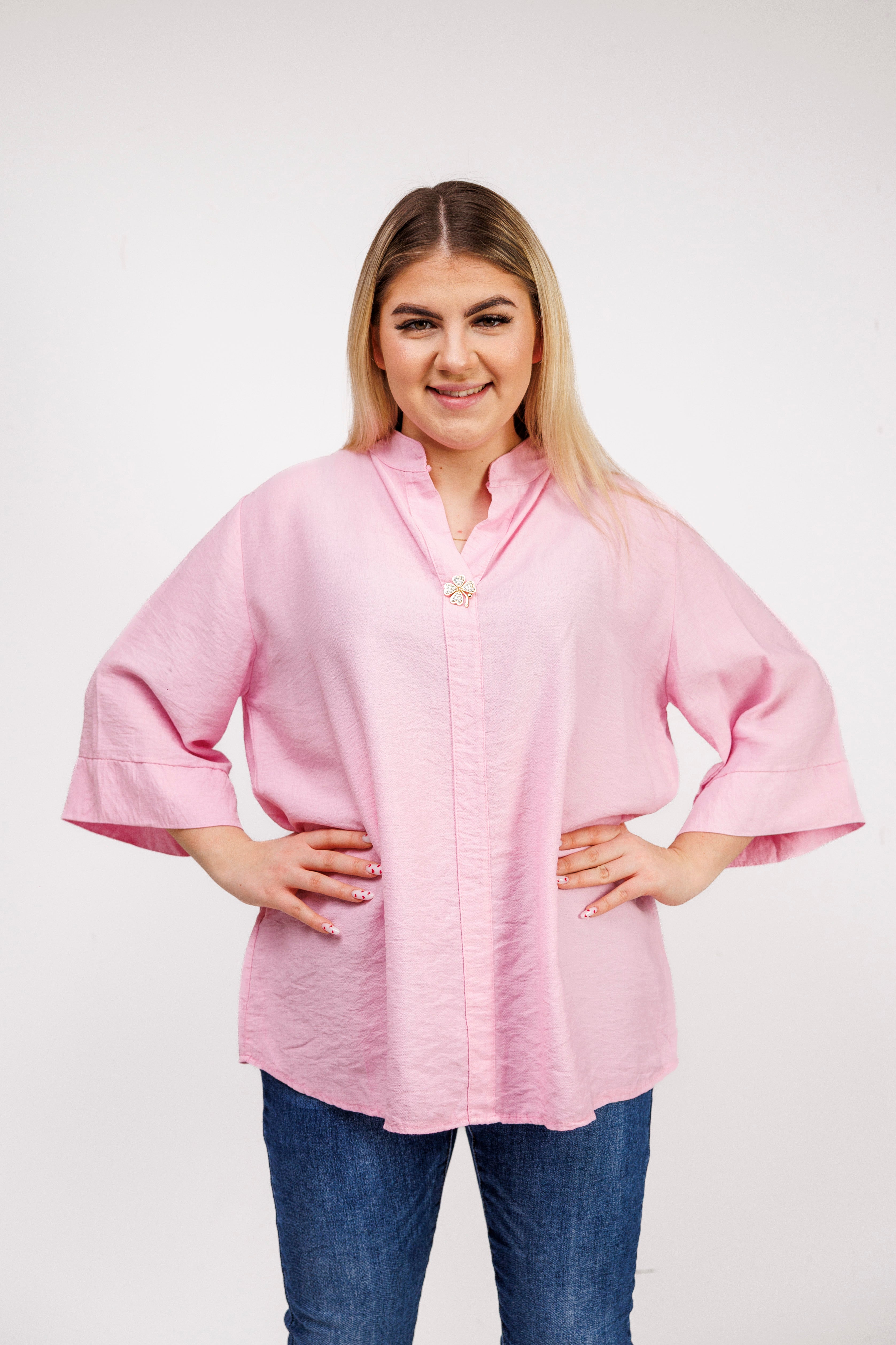 Wiskozowa bluzka z luźnym rękawem i dekoltem V Różowy