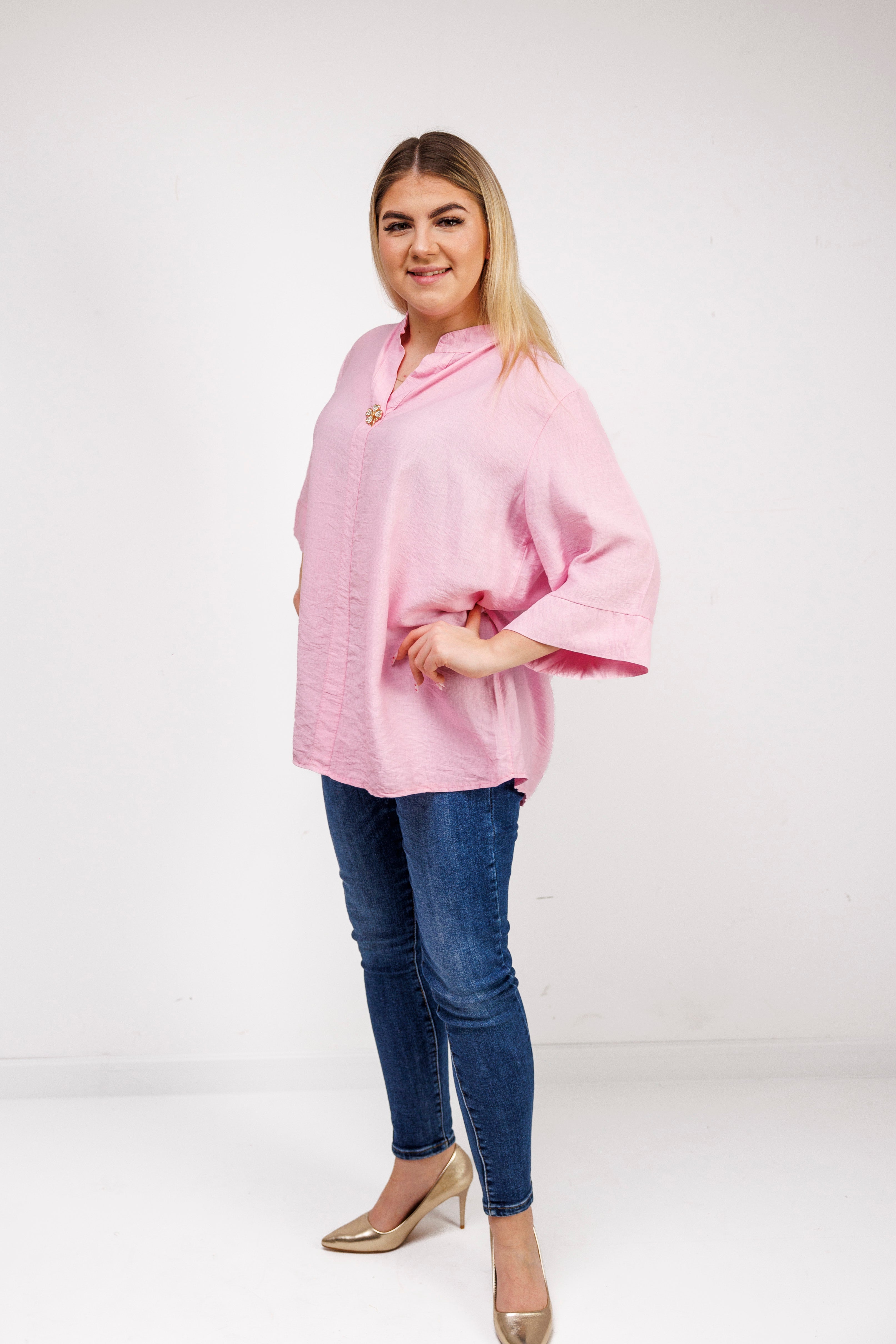 Wiskozowa bluzka z luźnym rękawem i dekoltem V Różowy