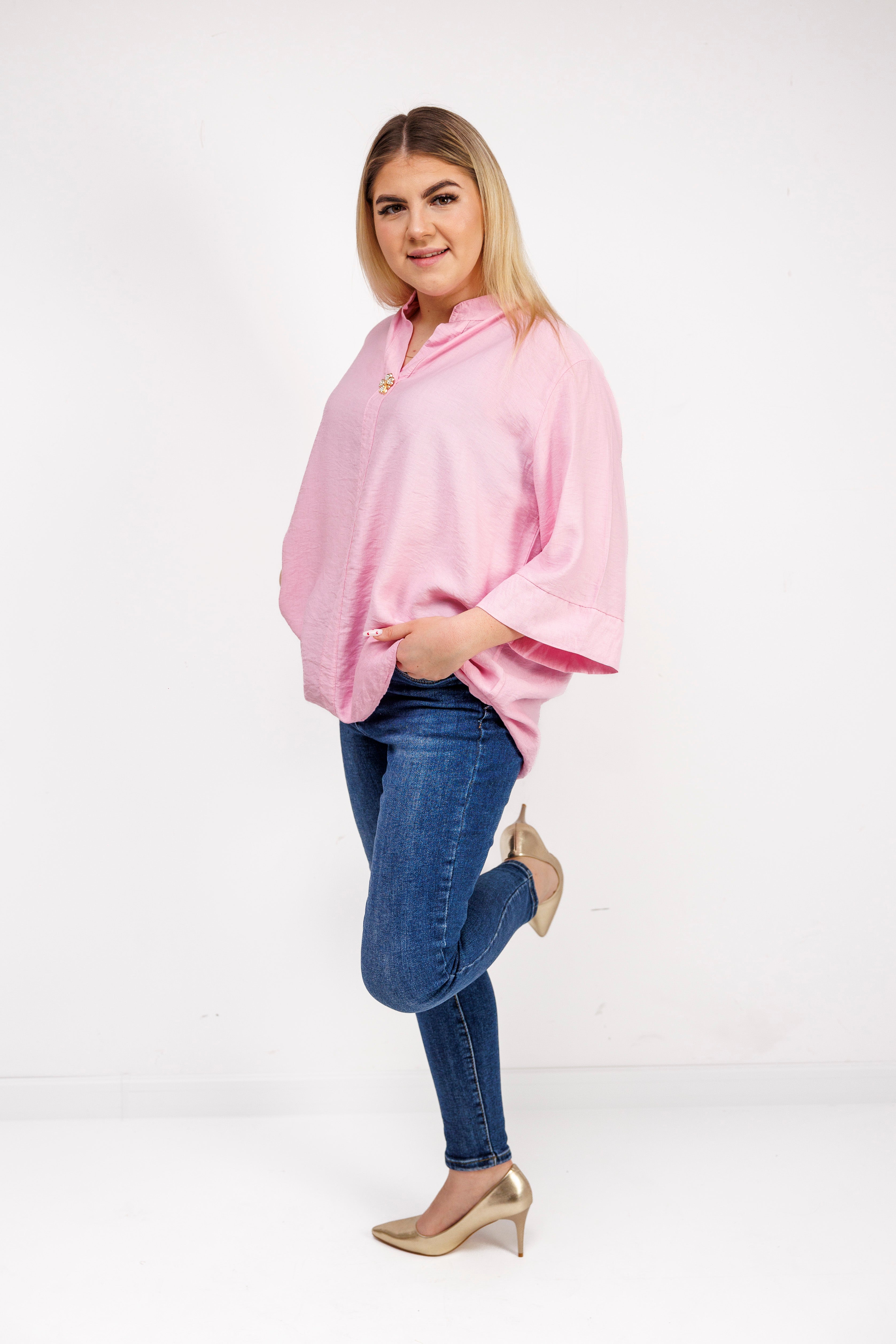 Wiskozowa bluzka z luźnym rękawem i dekoltem V Różowy