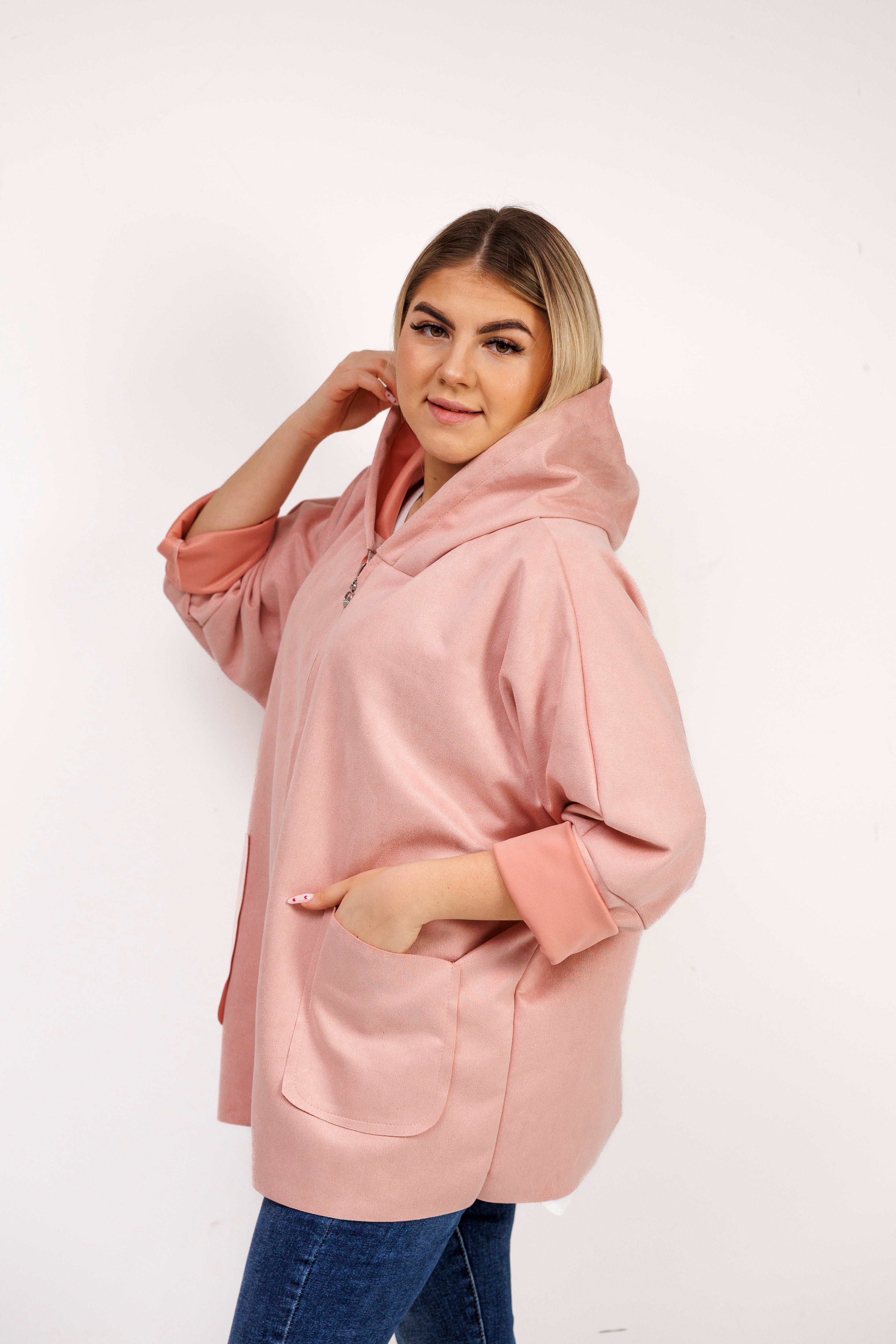 Katanka oversize z kapturem Pudrowy Róż