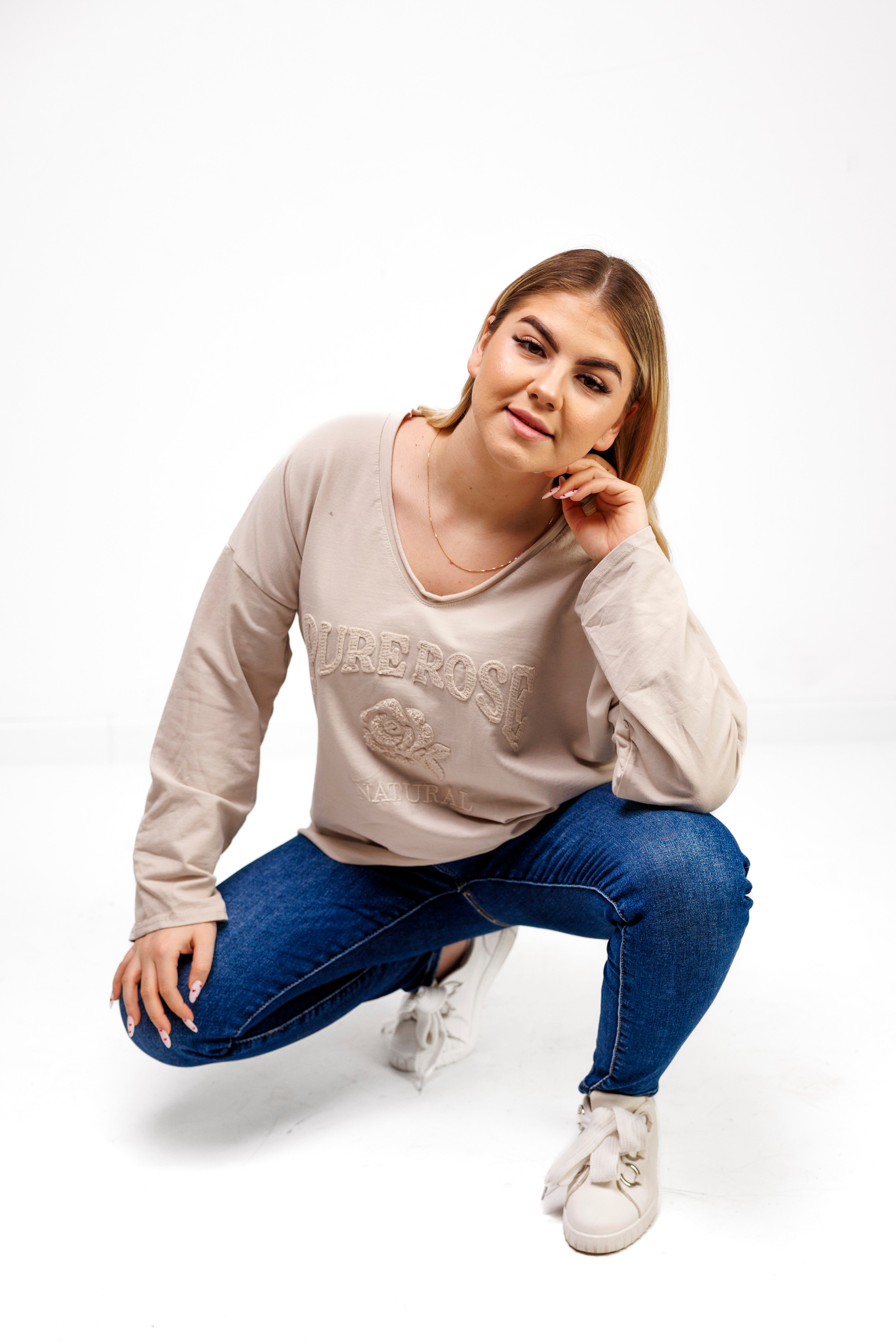 Bluzka z 100% bawełny z ozdobnym haftem Beż