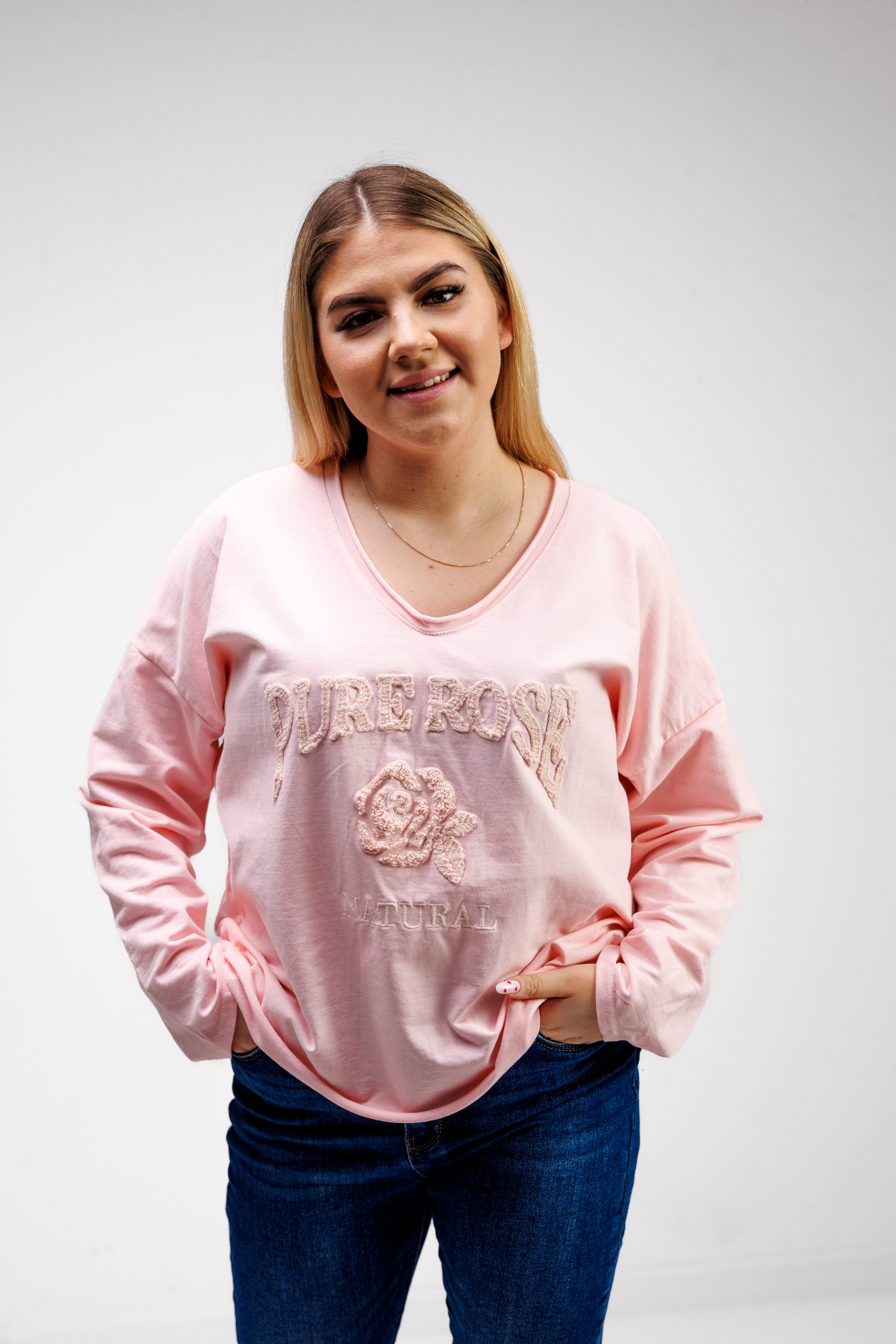 Bluzka z 100% bawełny z ozdobnym haftem Pudryw Róż