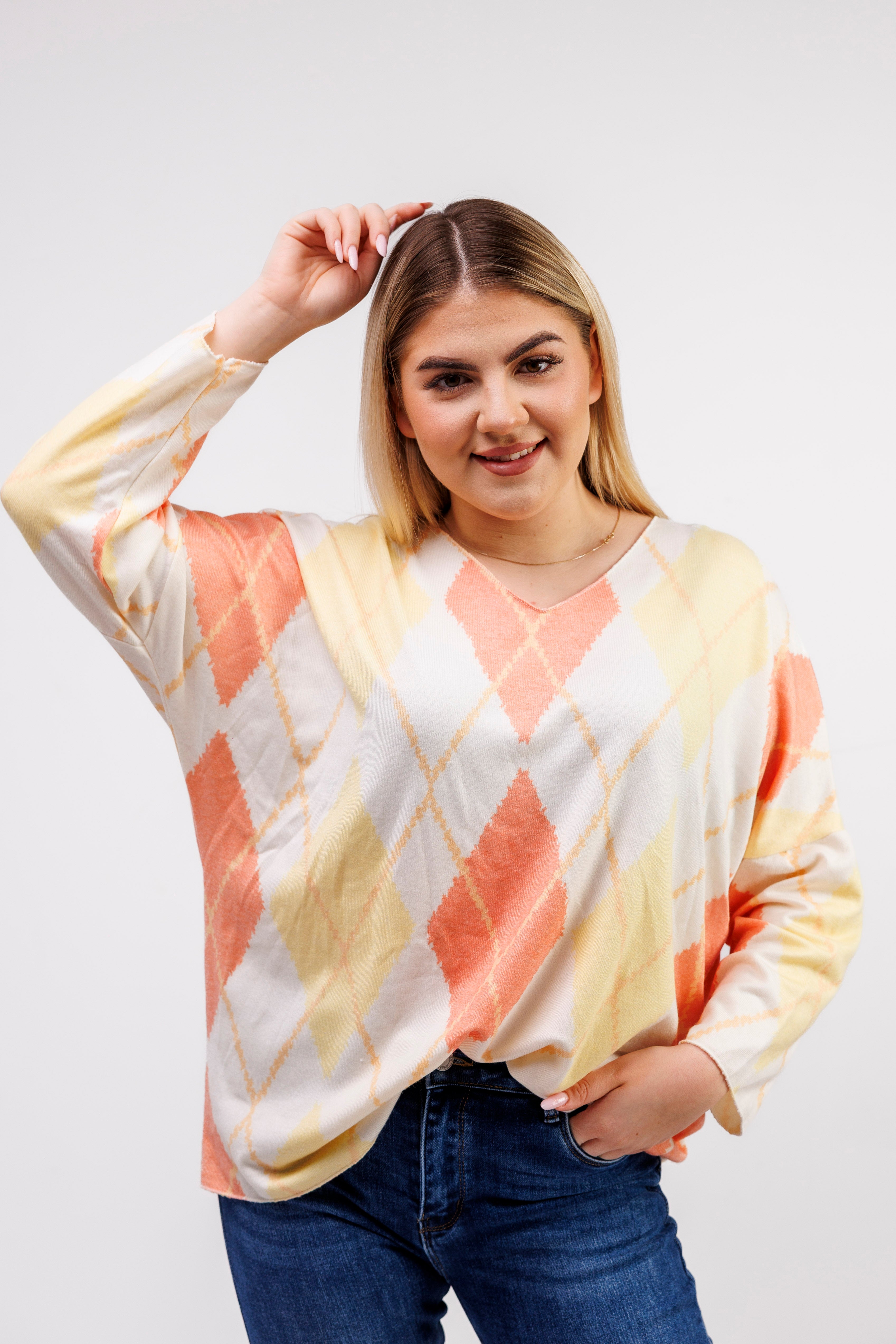 Dzianinowy sweter damski w romby Pomarańczowy