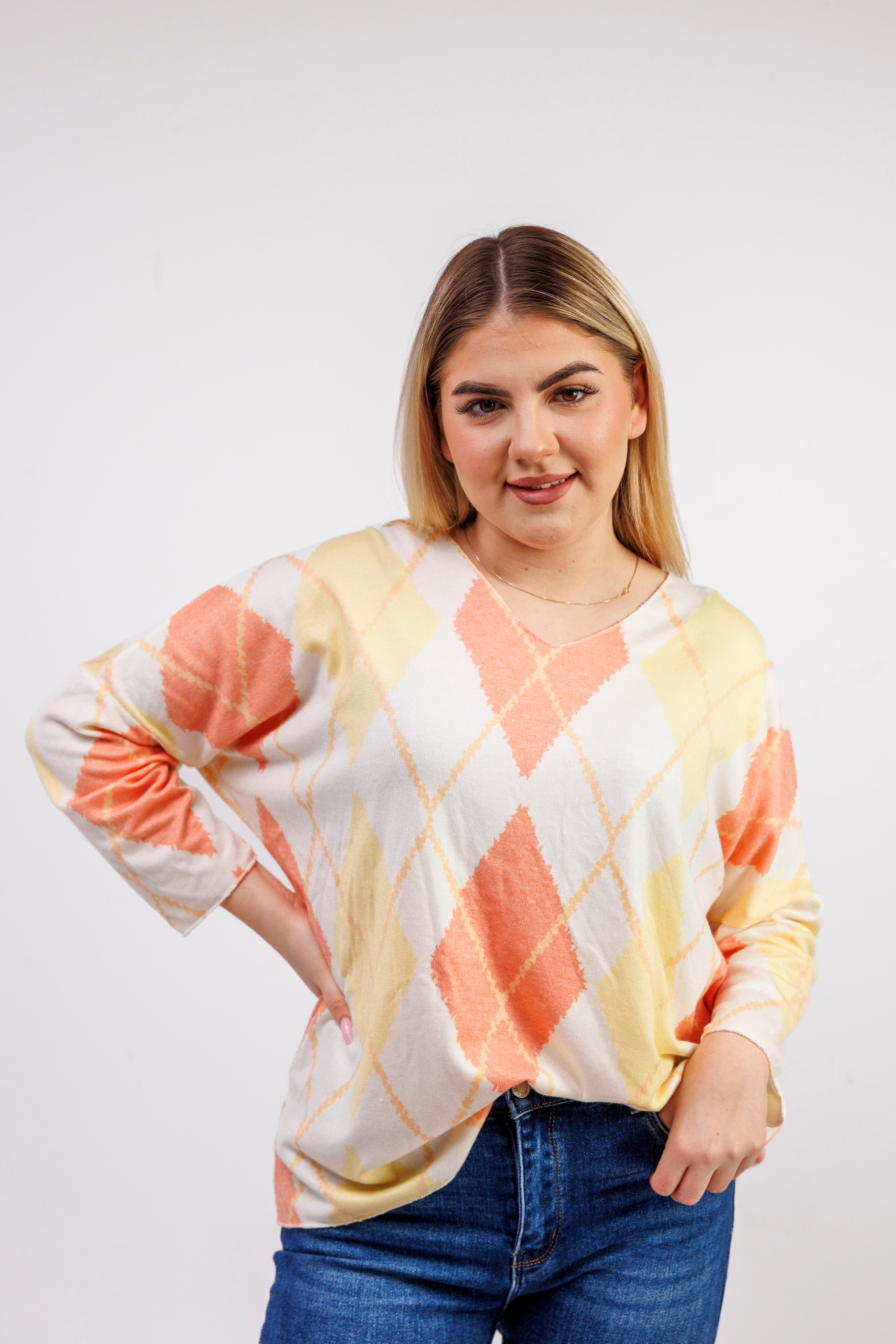 Dzianinowy sweter damski w romby Pomarańczowy