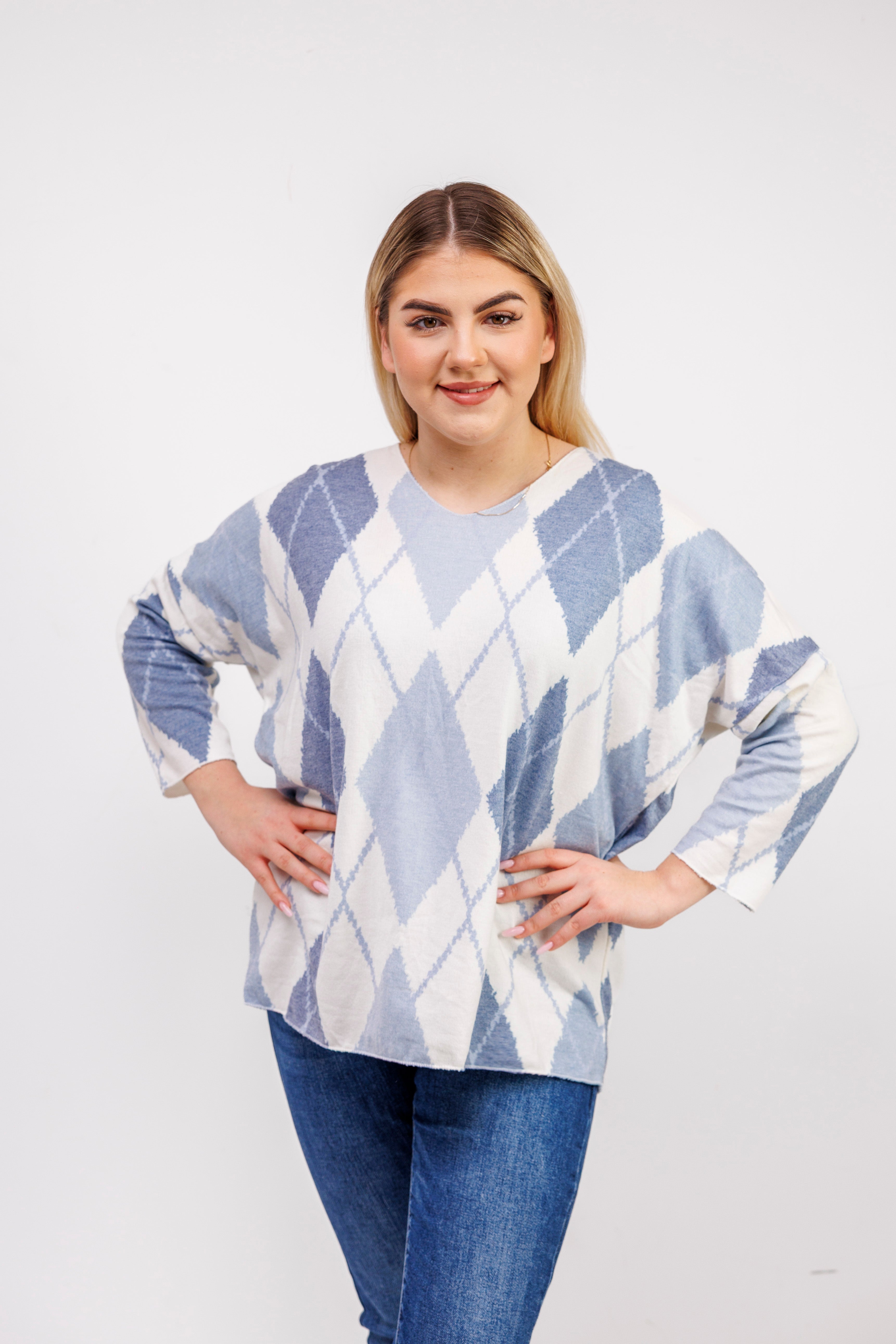 Dzianinowy sweter damski w romby Błękit