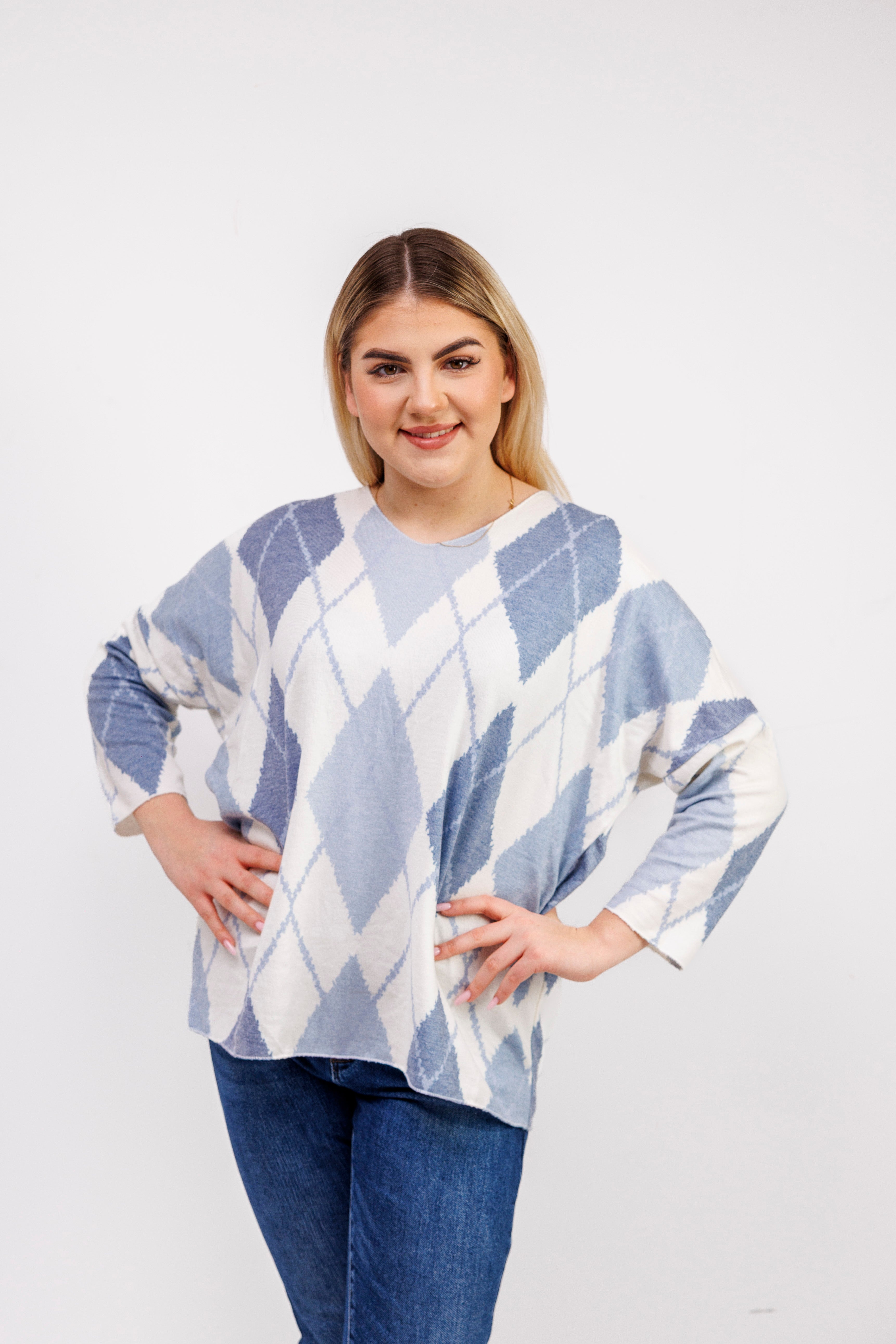 Dzianinowy sweter damski w romby Błękit