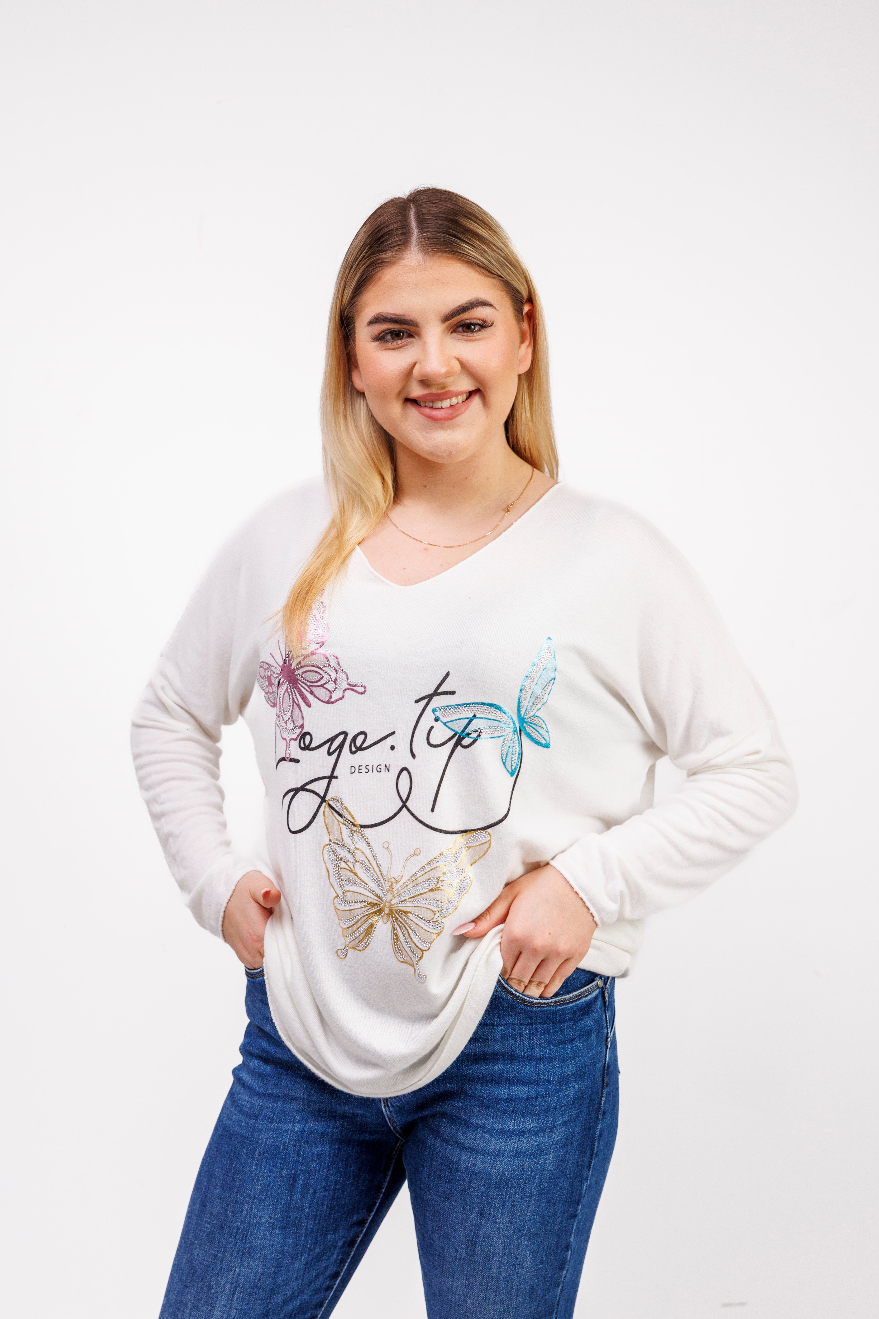 Sweterek z dekoltem V i ozdobnymi motylami Krem