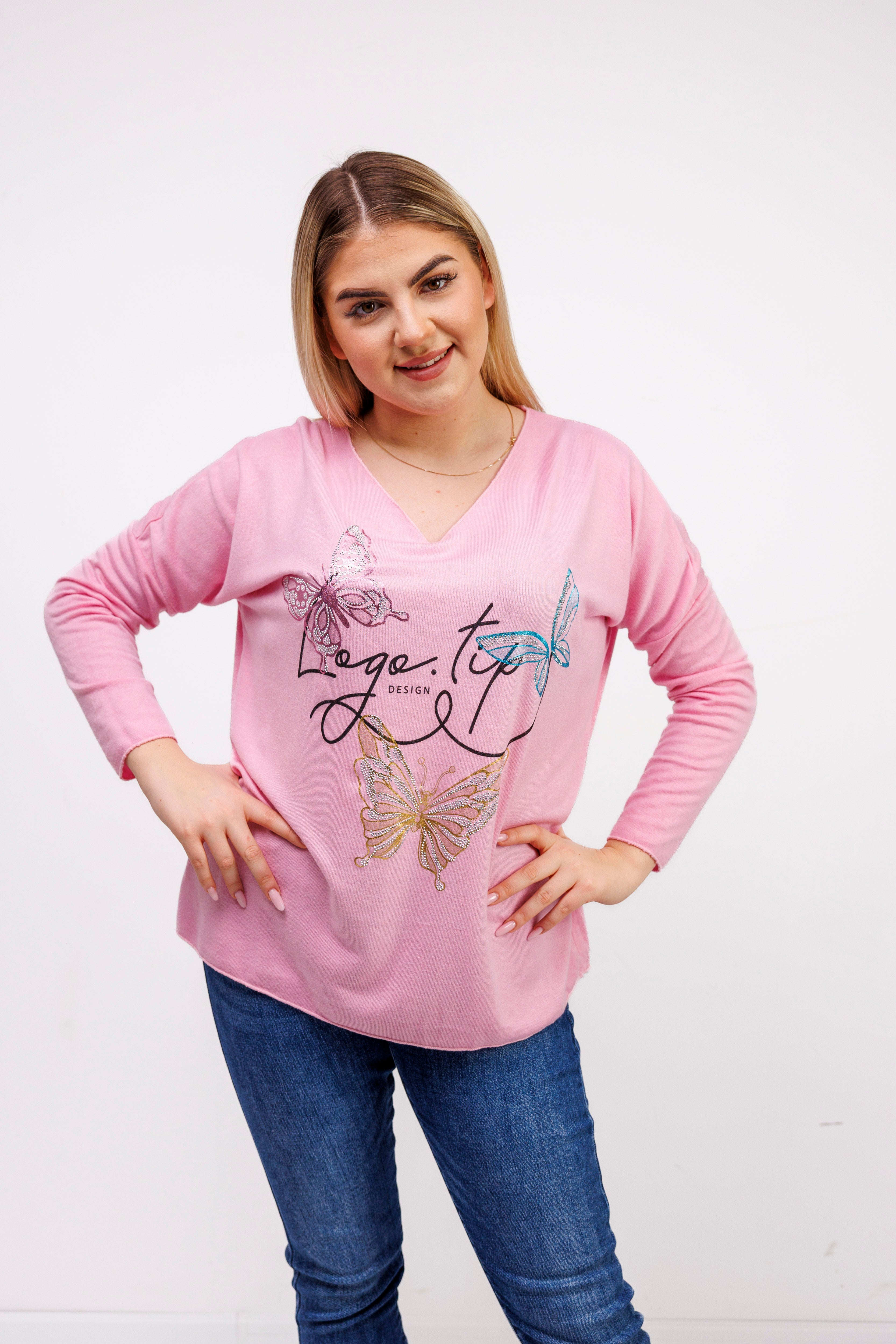 Sweterek z dekoltem V i ozdobnymi motylami Różowy