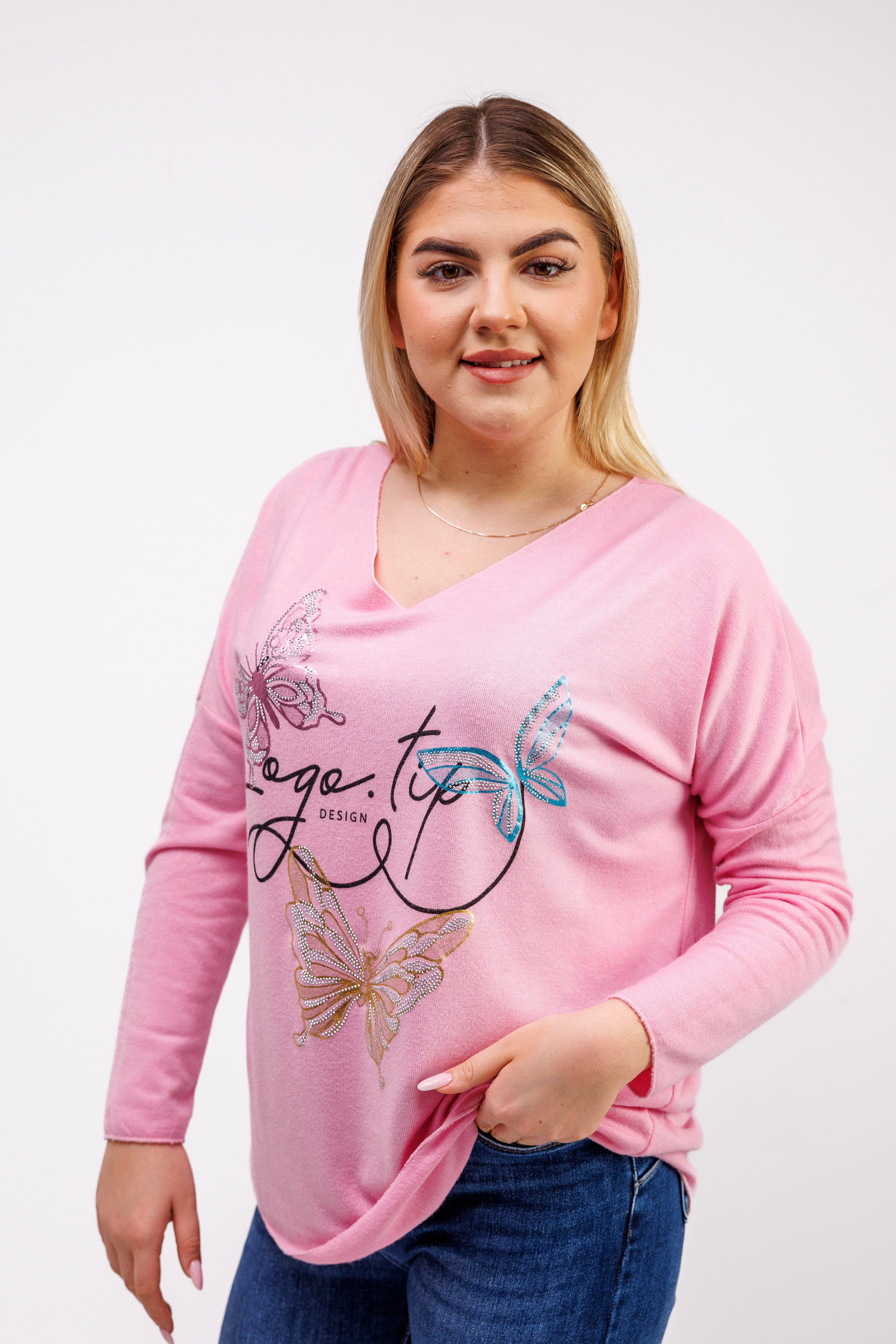 Sweterek z dekoltem V i ozdobnymi motylami Różowy