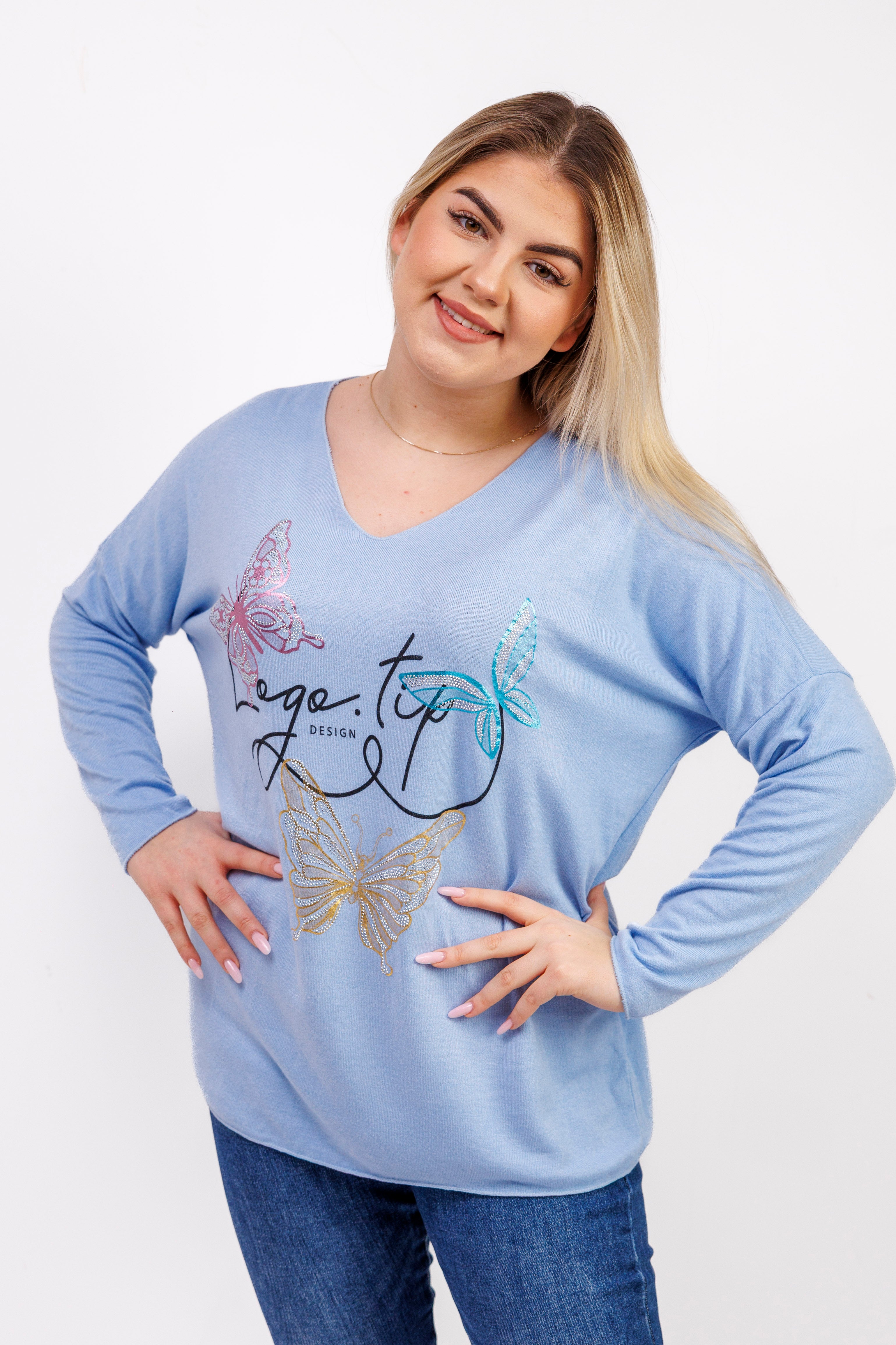 Sweterek z dekoltem V i ozdobnymi motylami Błękit