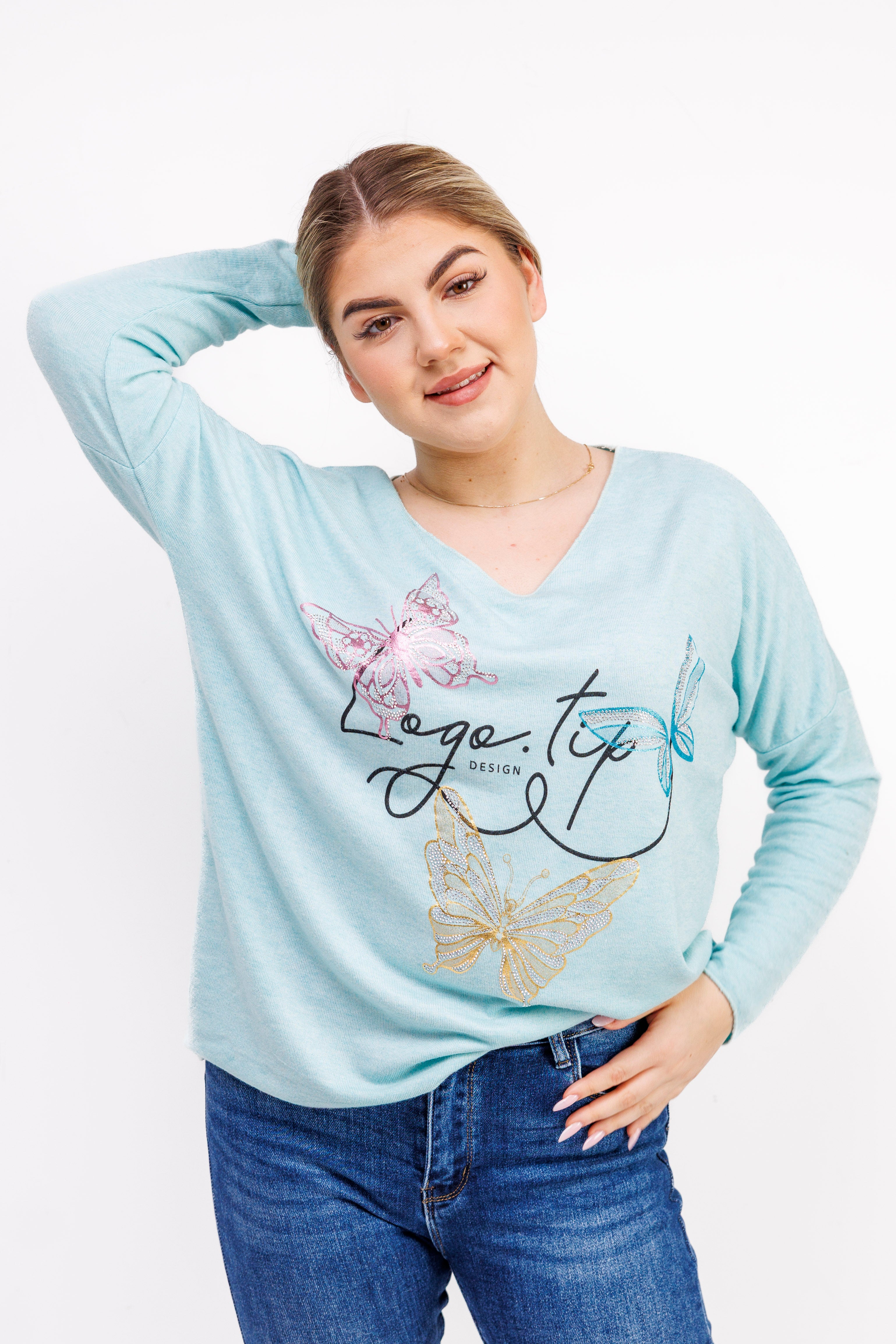 Sweterek z dekoltem V i ozdobnymi motylami Mięta