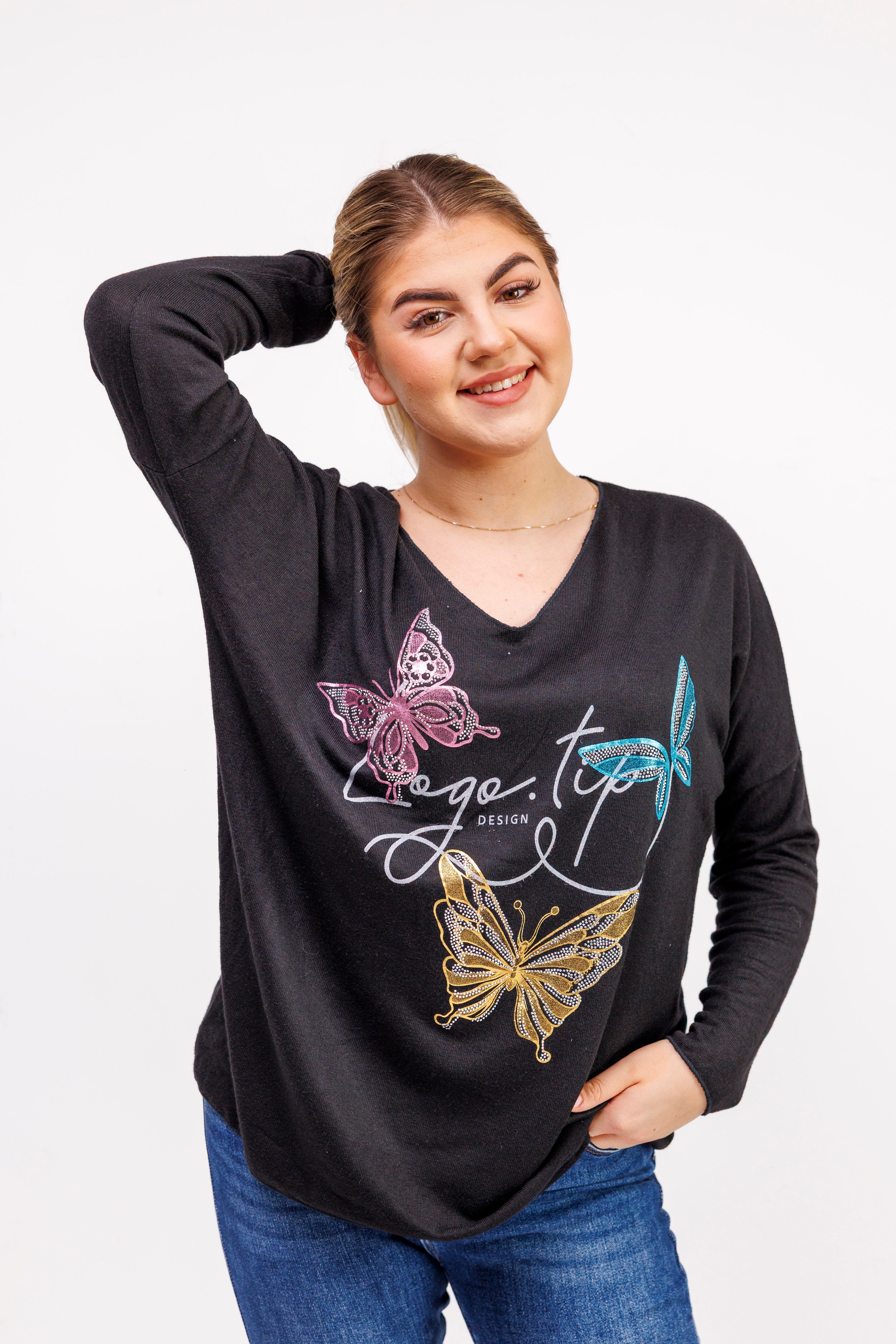 Sweterek z dekoltem V i ozdobnymi motylami Czarny