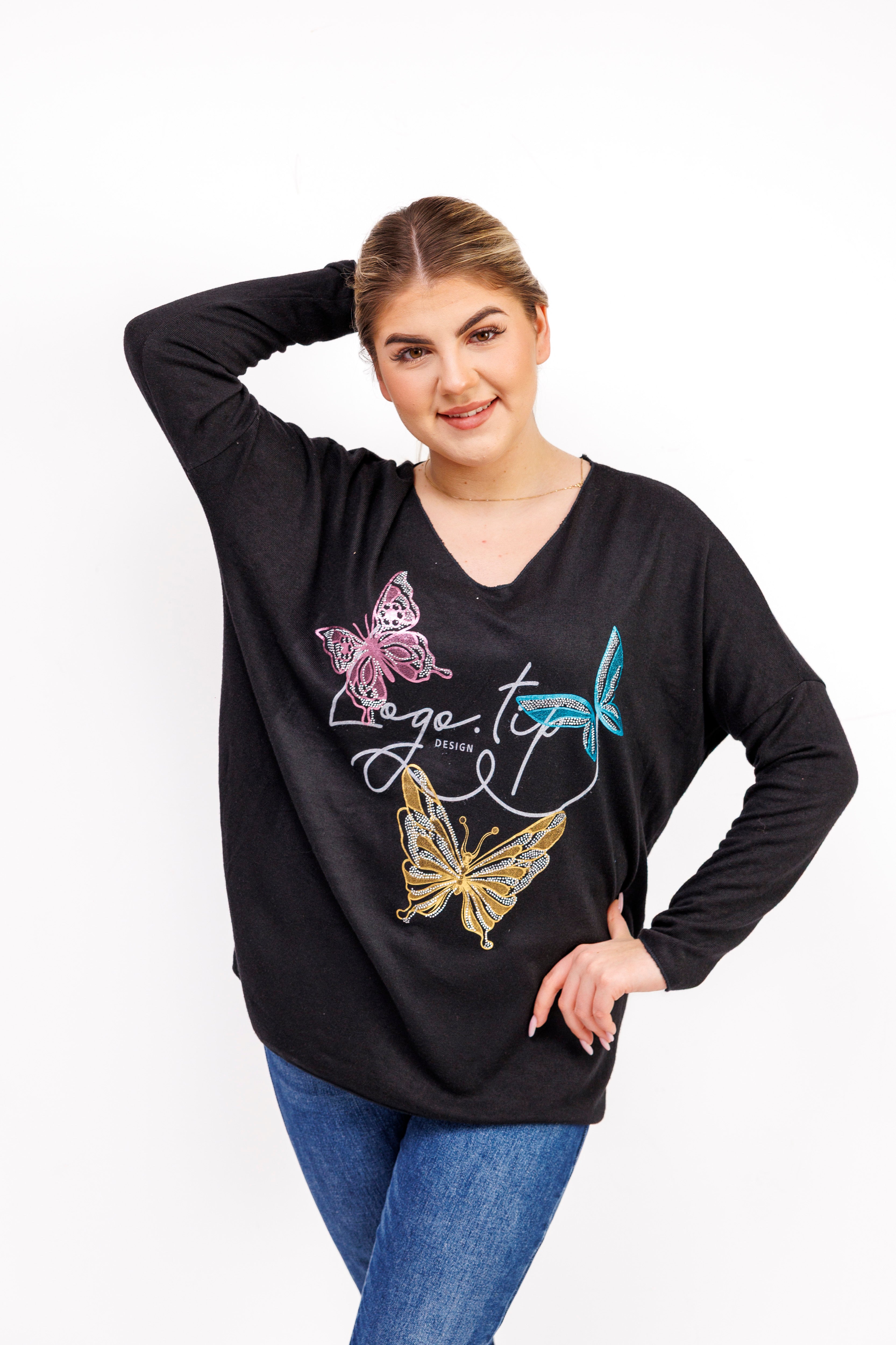 Sweterek z dekoltem V i ozdobnymi motylami Czarny