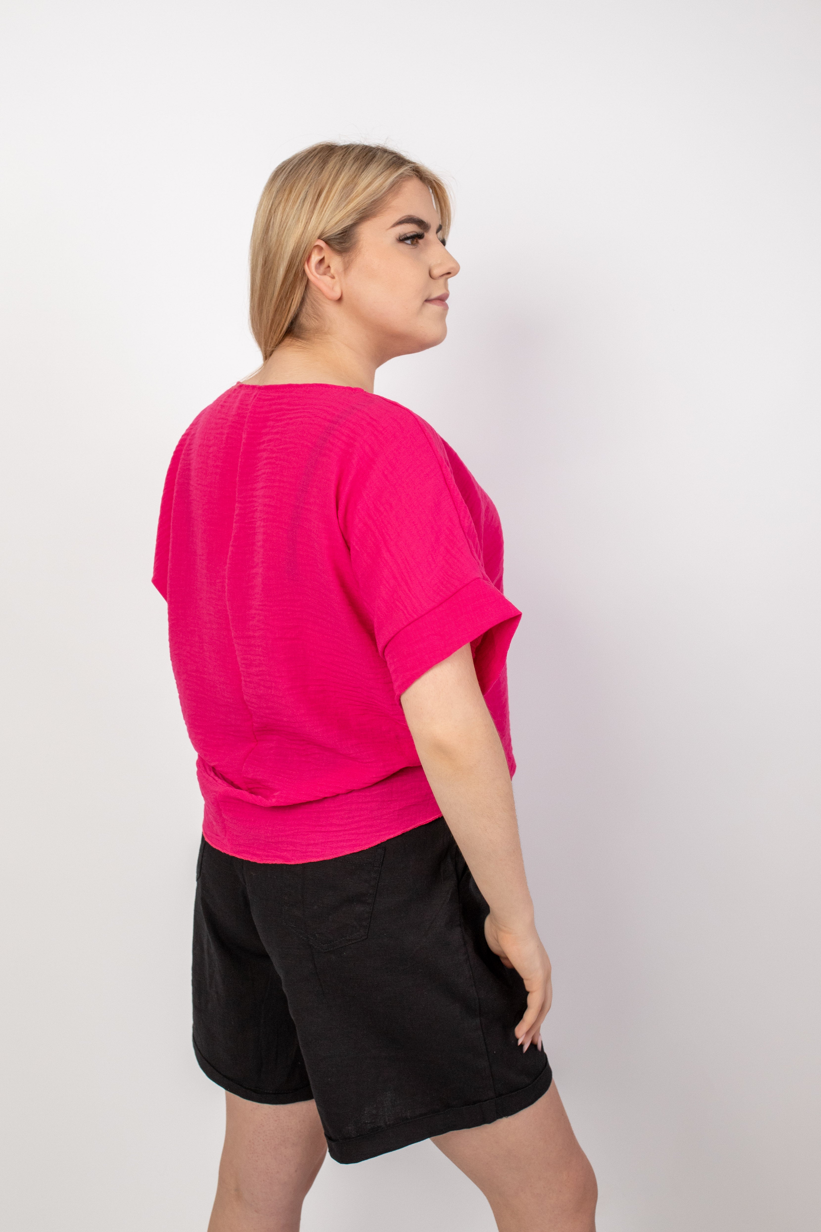 Lniana modna naturalna Bluzka Fuksja