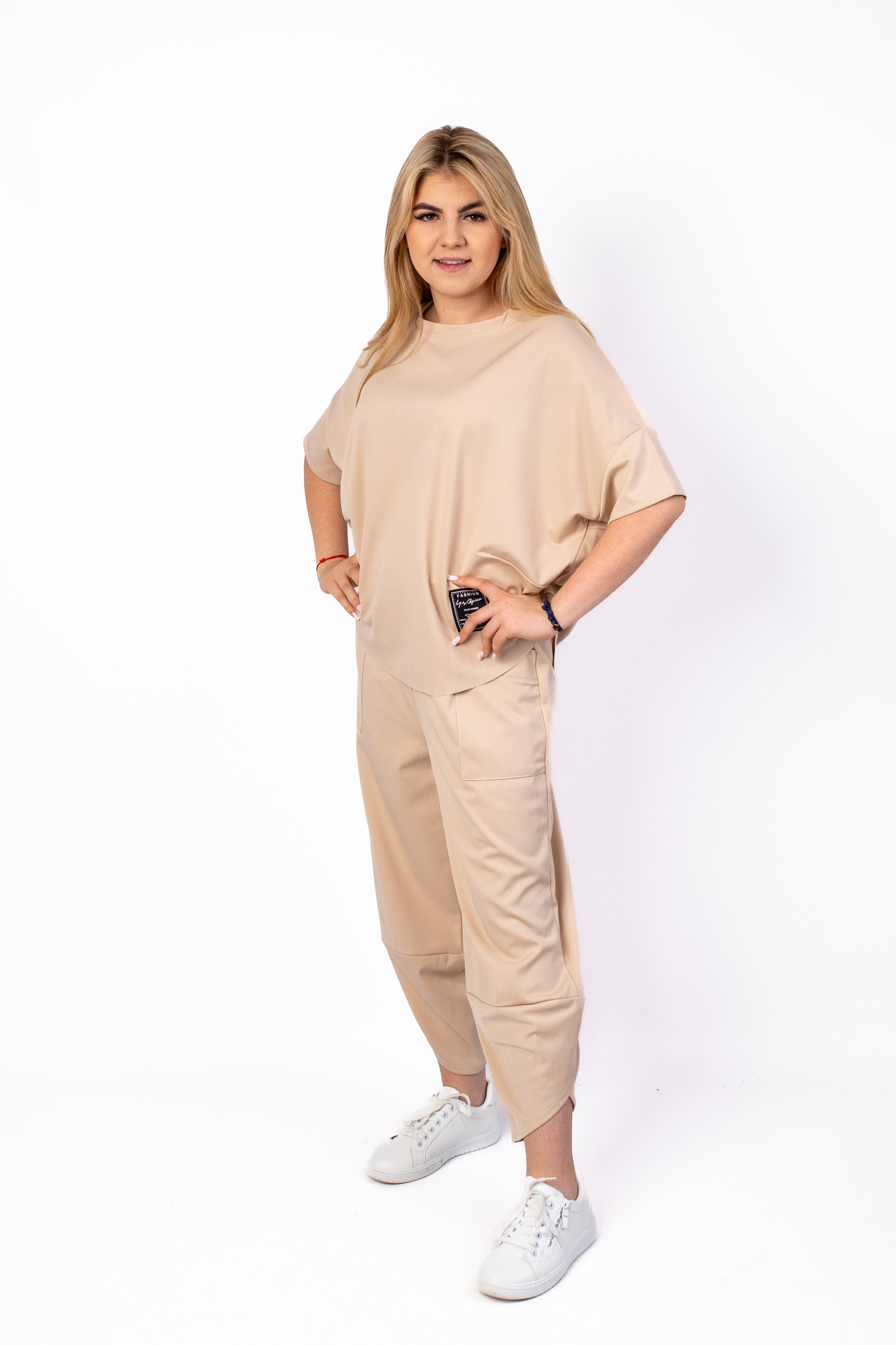 Wygodny modny dres Bluzka+Spodnie Jasny Beż