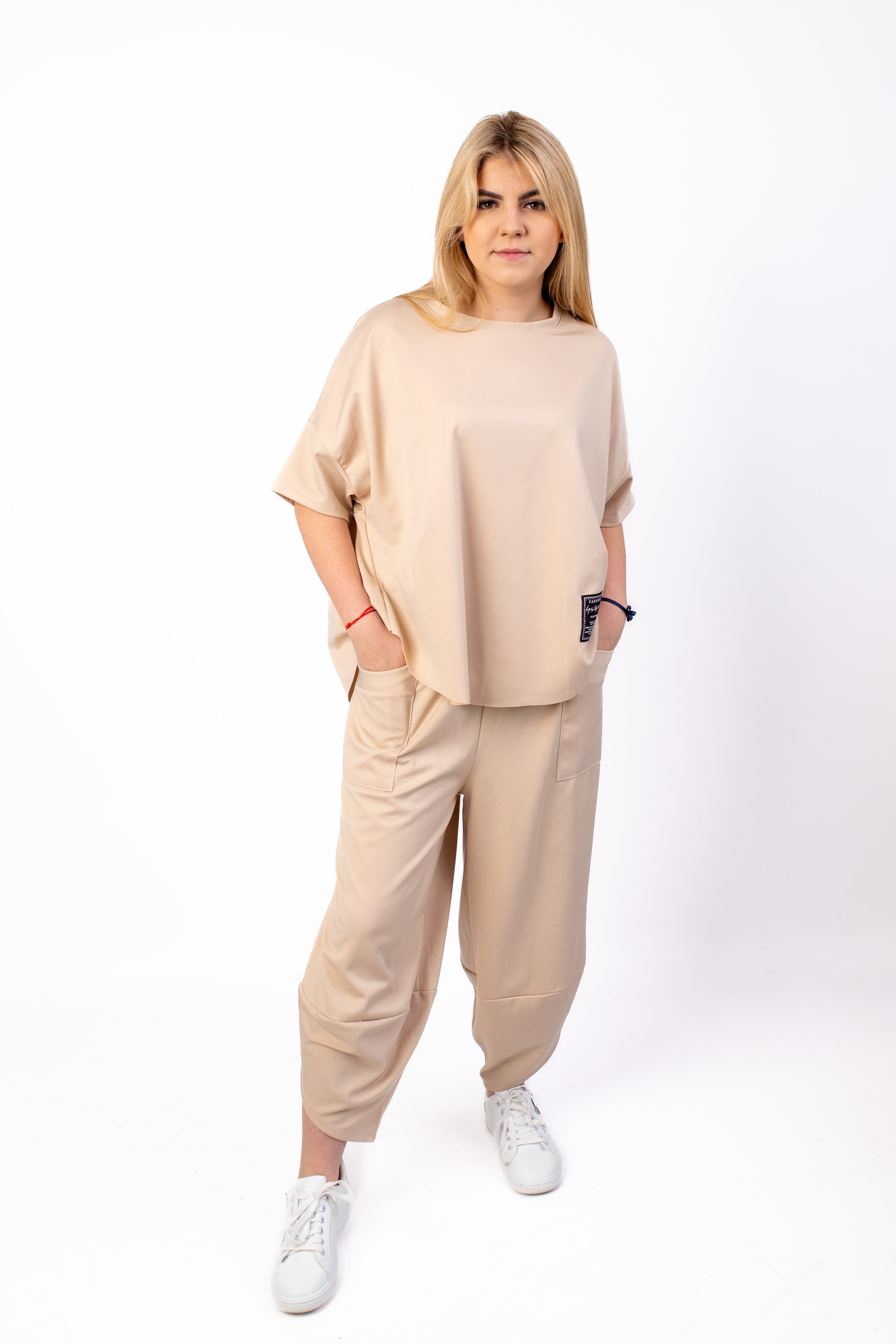 Wygodny modny dres Bluzka+Spodnie Jasny Beż