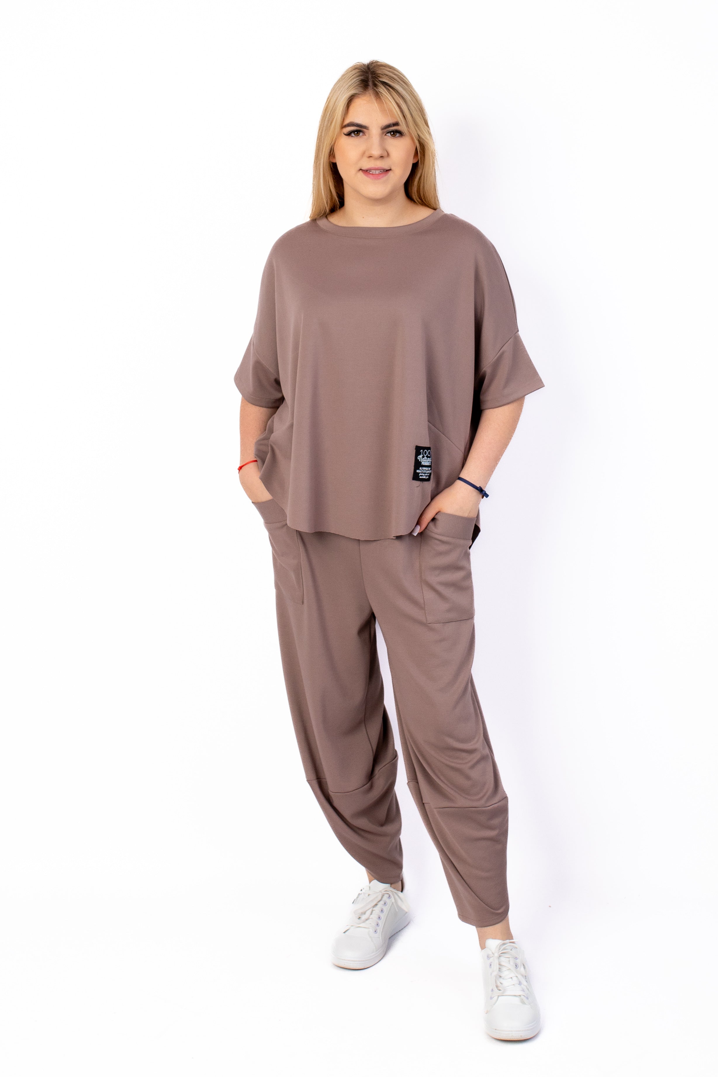 Wygodny modny dres Bluzka+Spodnie Ciemny Beż
