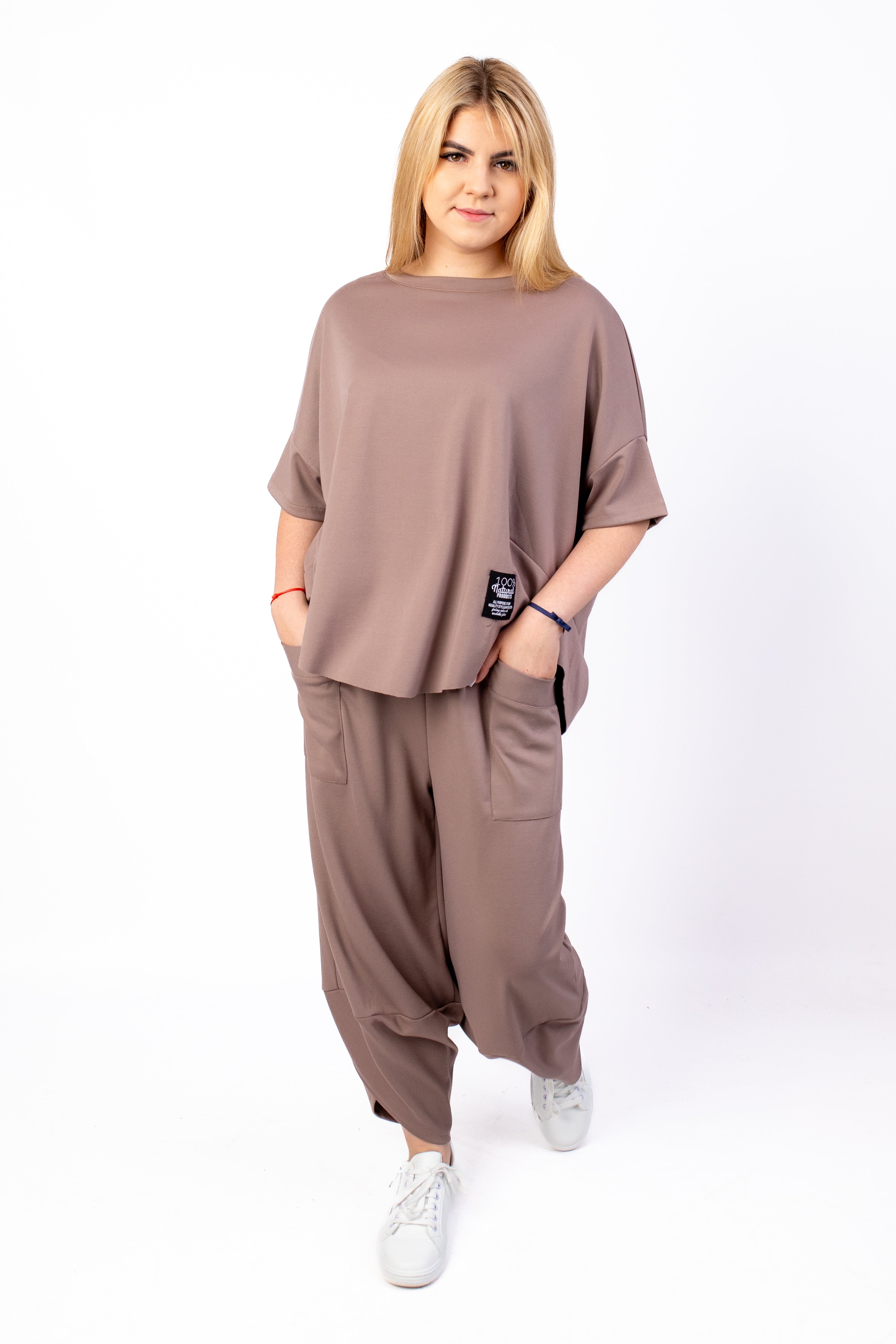 Wygodny modny dres Bluzka+Spodnie Ciemny Beż
